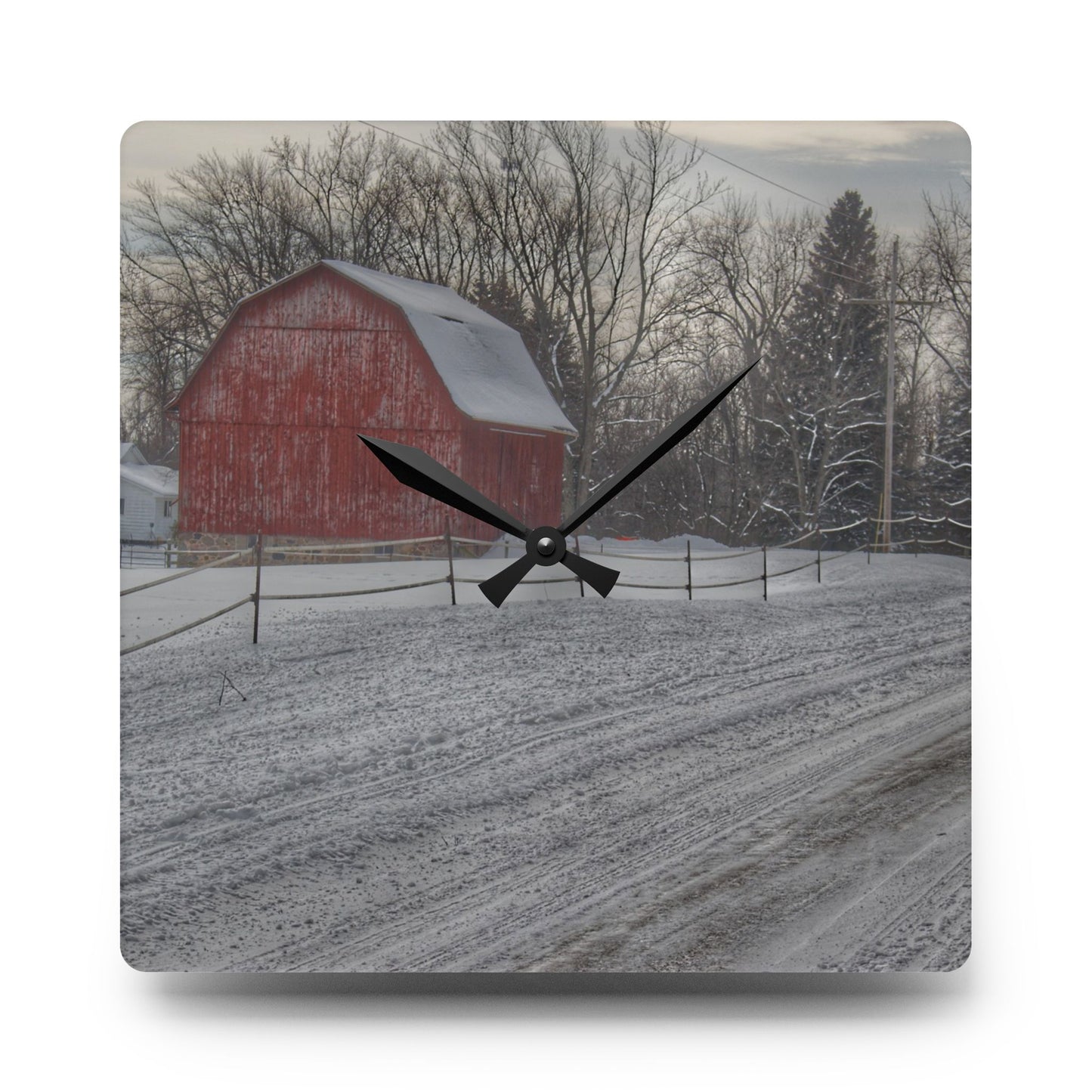 U R There Photography Phillips Road Winter Red Rustic Farmhouse Acrylic Analog Wall Clock