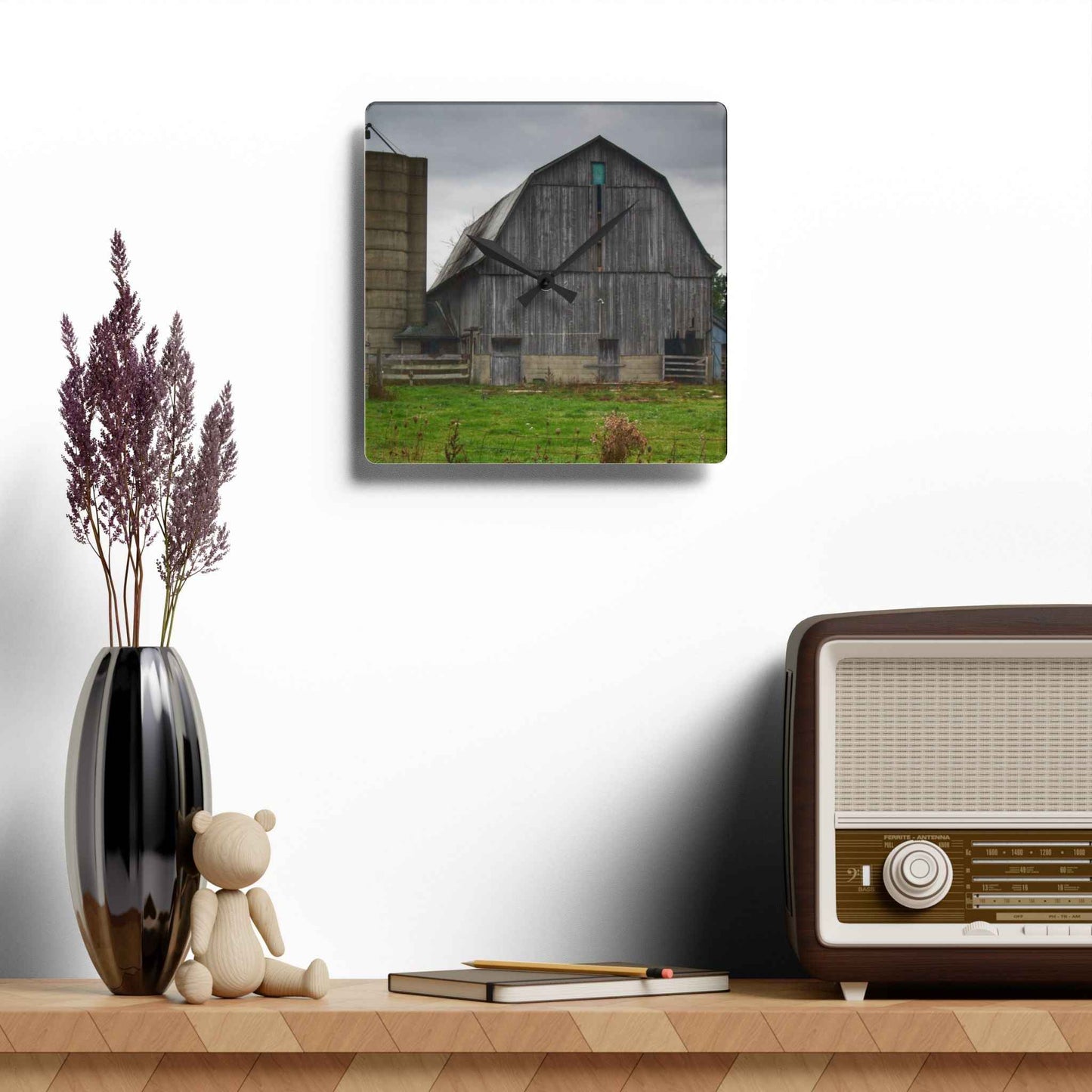 U R There Photography Eddy Road Grey II Rustic Farmhouse Acrylic Analog Wall Clock