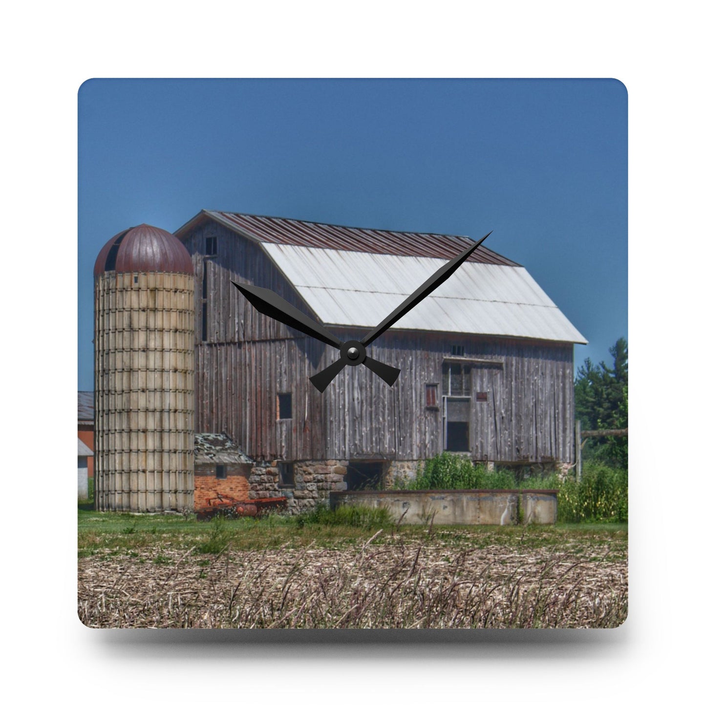 U R There Photography East Millington Road Grey and Stable II Rustic Farmhouse Acrylic Analog Wall Clock