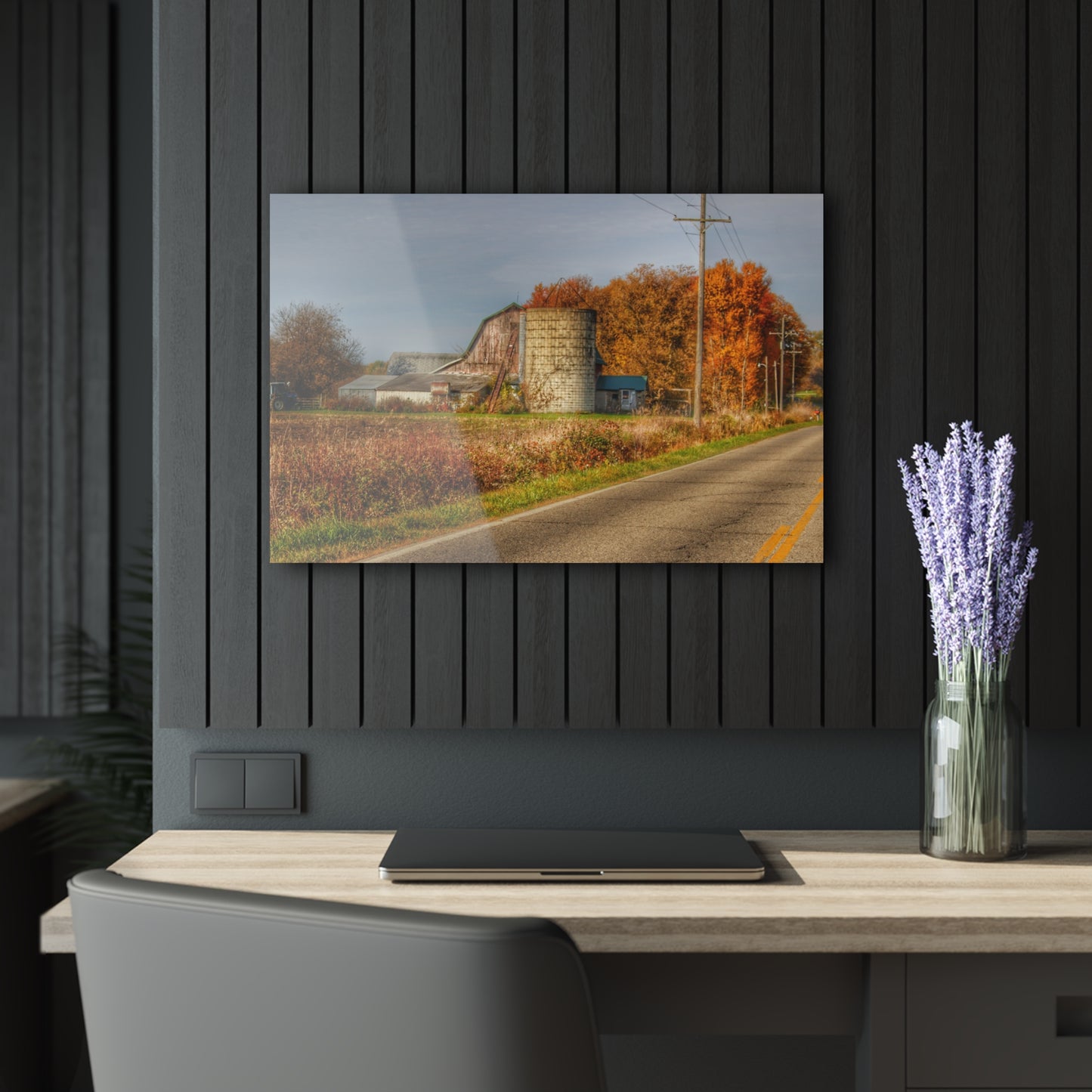 U R There Photography Plumb Creek Road Red in Fall II Rustic Farmhouse Acrylic Wall Print