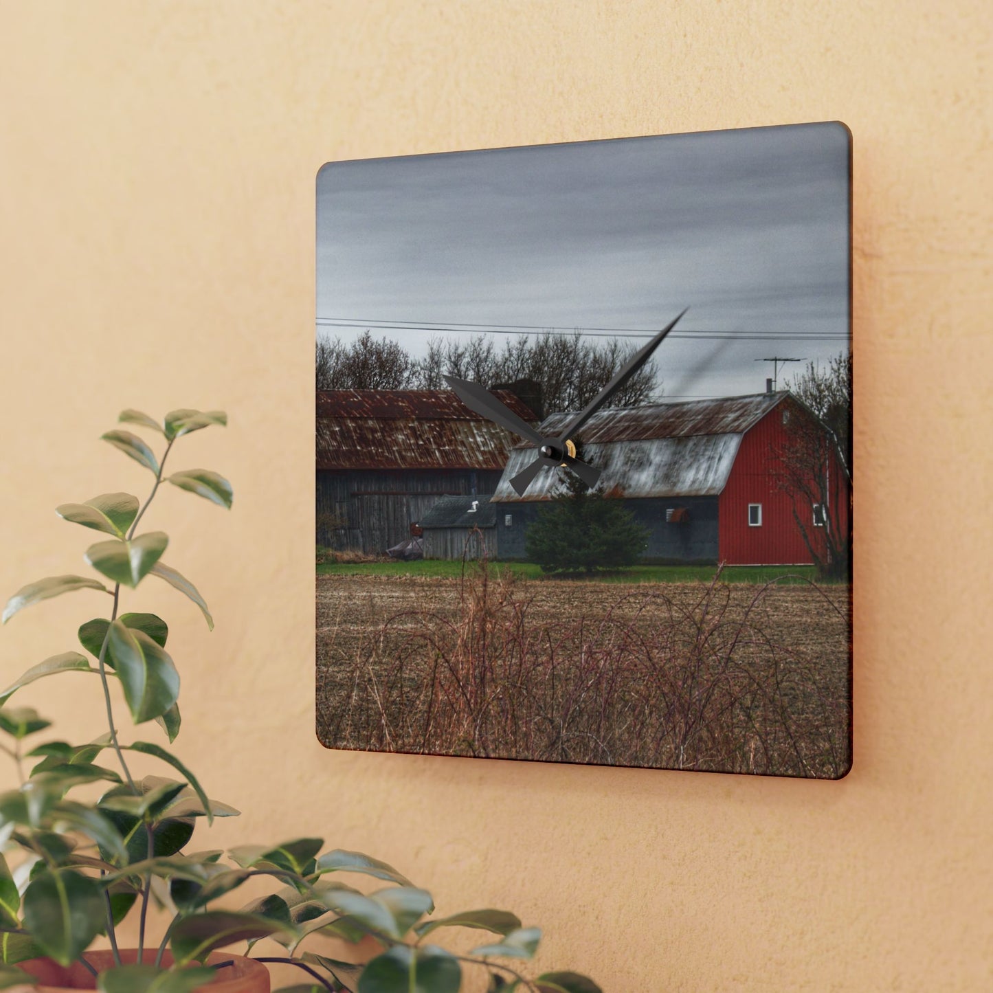 U R There Photography South Summers Road Rusted Grey and Little Red Rustic Farmhouse Acrylic Analog Wall Clock