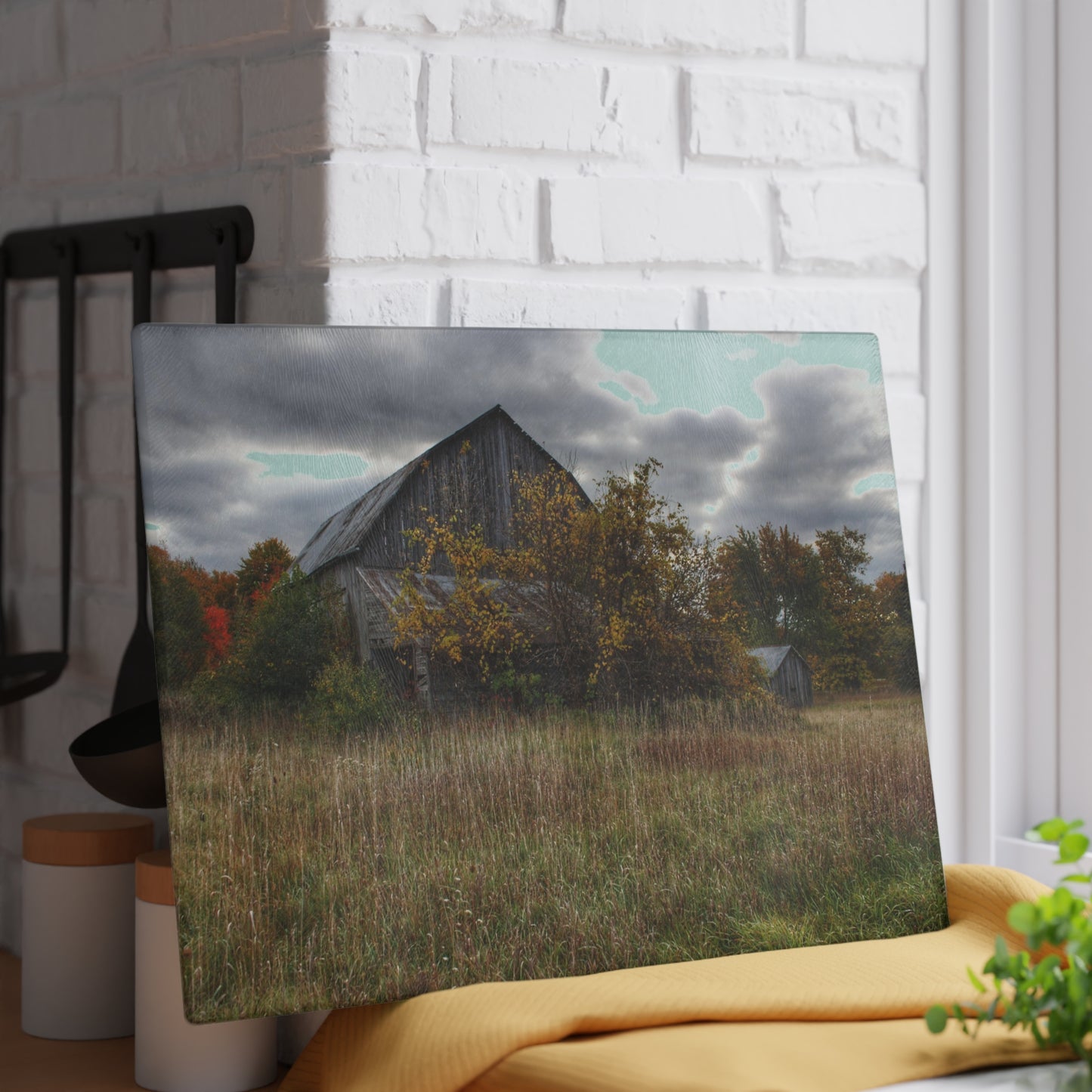 U R There Photography Church Road Grey V Rustic Farmhouse Tempered-Glass Cutting Board