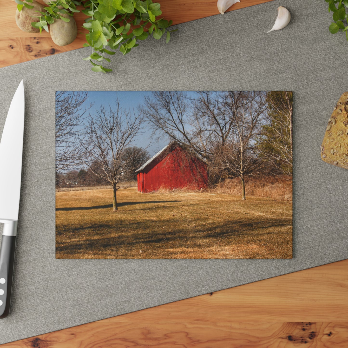 U R There Photography Romeo Plank Little Red Rustic Farmhouse Tempered-Glass Cutting Board