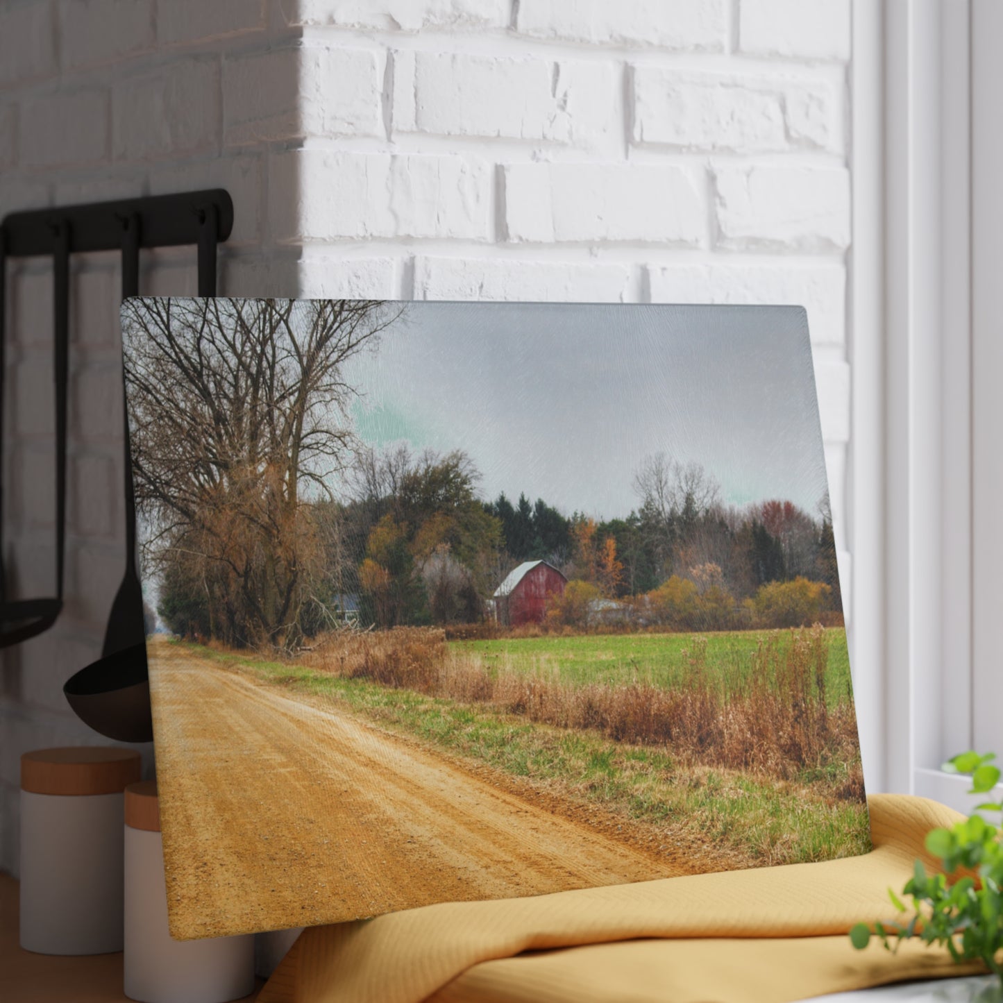 U R There Photography Stone Road Red Rustic Farmhouse Tempered-Glass Cutting Board