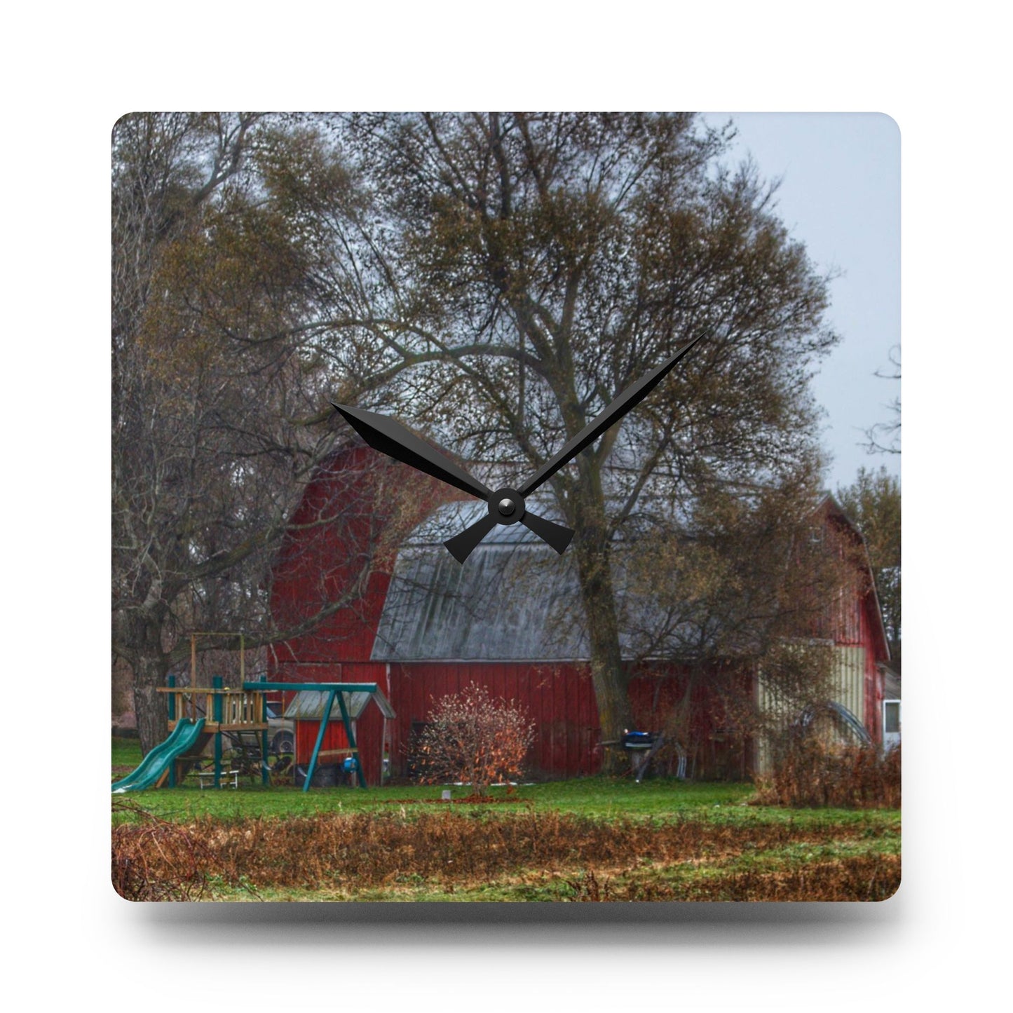 U R There Photography Dryden Road Reds and Playscape Rustic Farmhouse Acrylic Analog Wall Clock