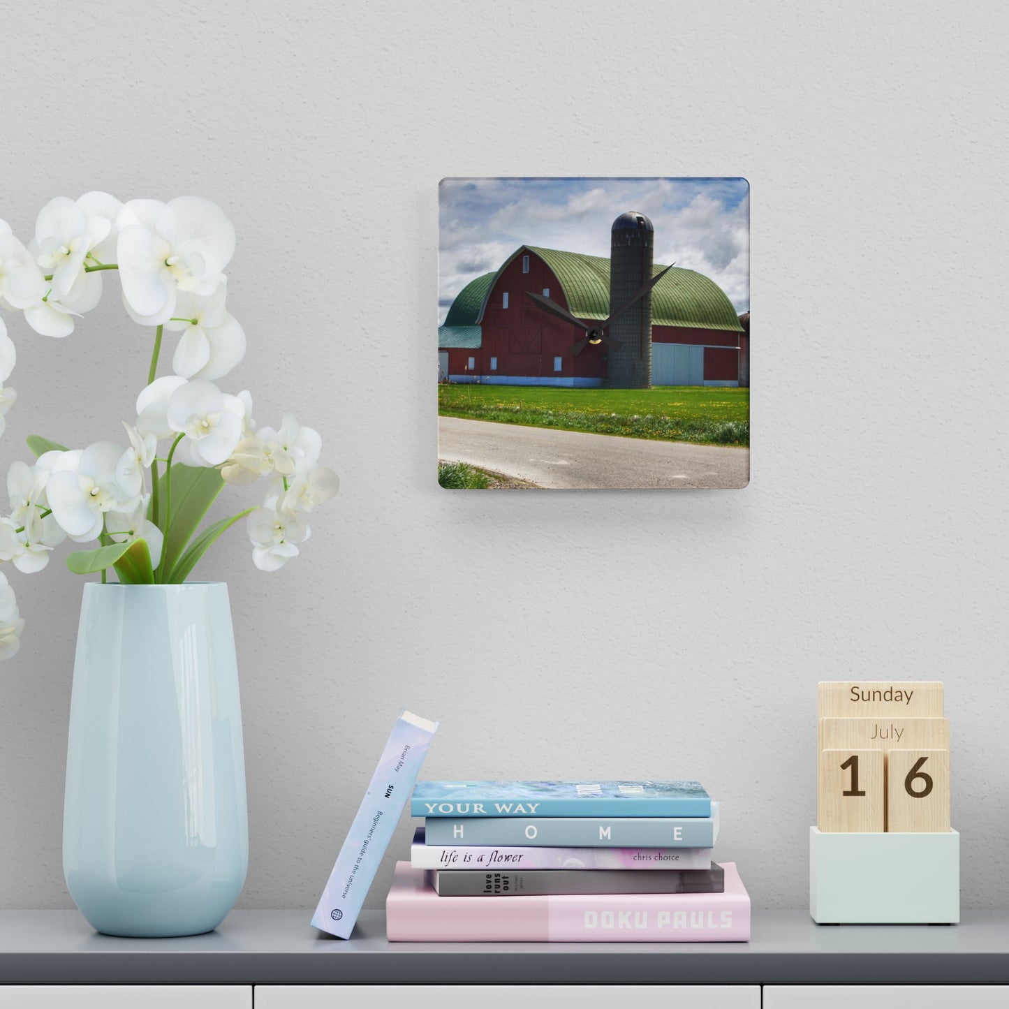 U R There Photography Rescue Road Red Rustic Farmhouse Acrylic Analog Wall Clock