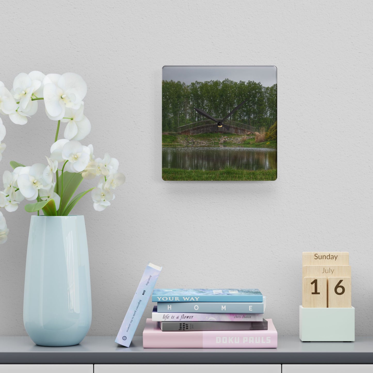 U R There Photography Bridge of Summer Road I Rustic Farmhouse Acrylic Analog Wall Clock