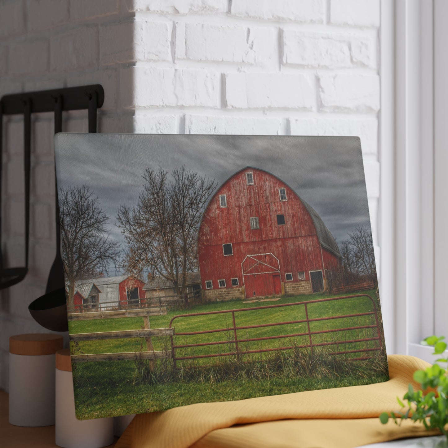 U R There Photography Beyond the Fence Red Rustic Farmhouse Tempered-Glass Cutting Board