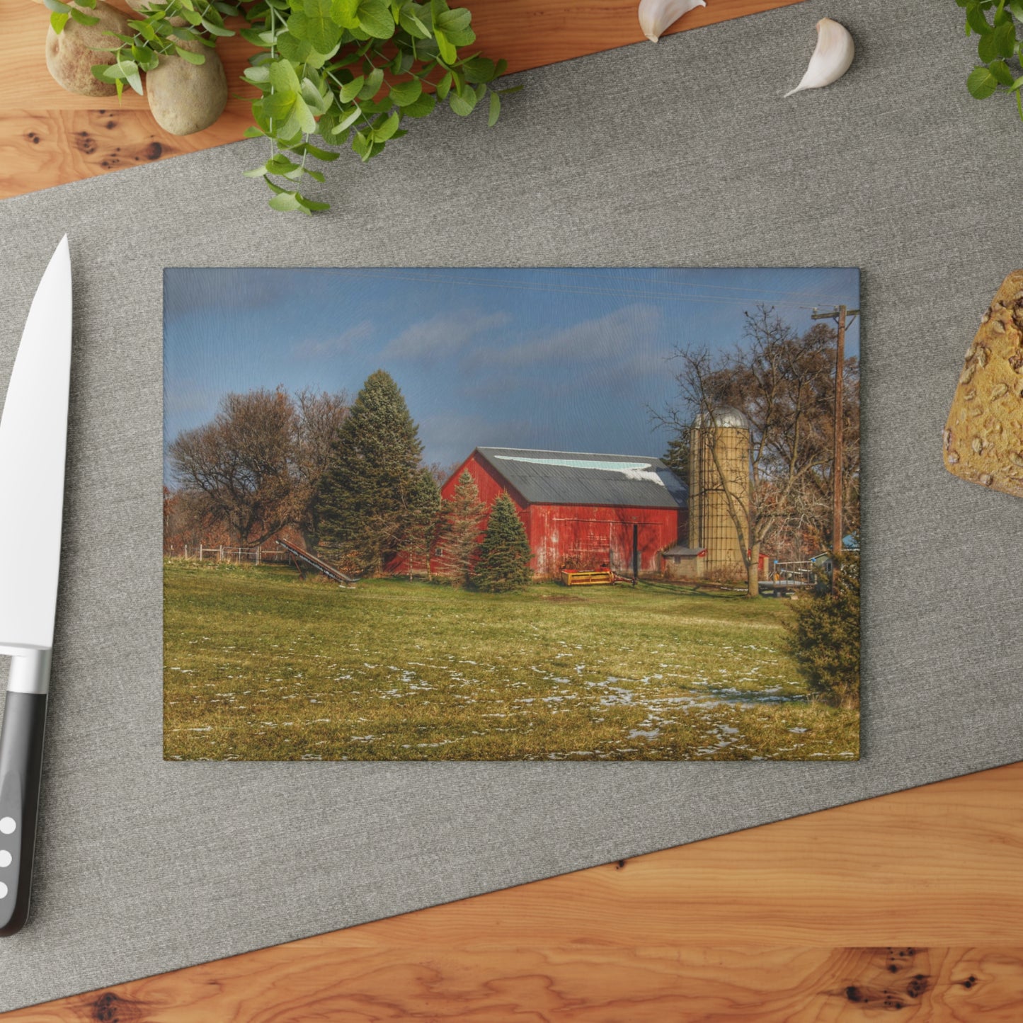 U R There Photography Columbiaville Road Red I Rustic Farmhouse Tempered-Glass Cutting Board