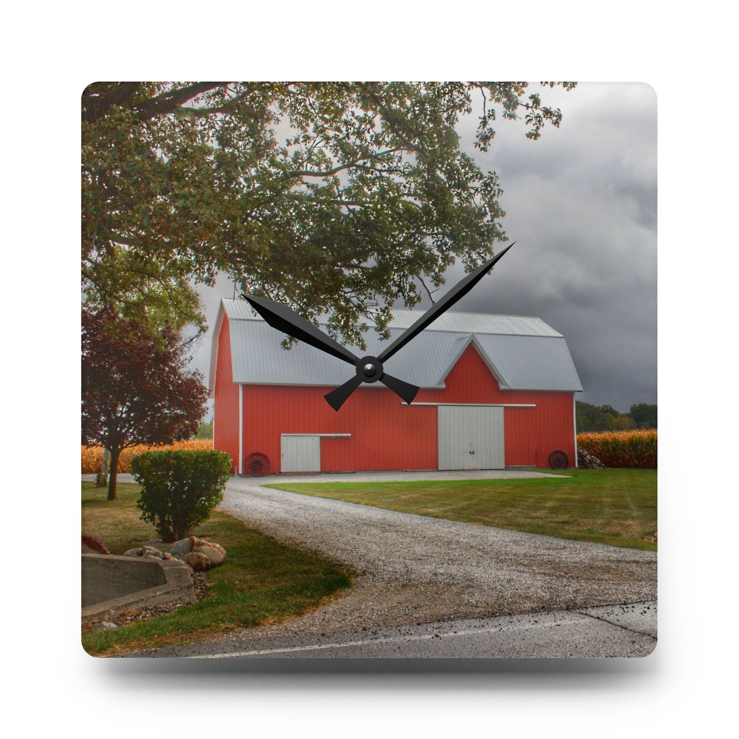 U R There Photography Richville Road Red Rustic Farmhouse Acrylic Analog Wall Clock