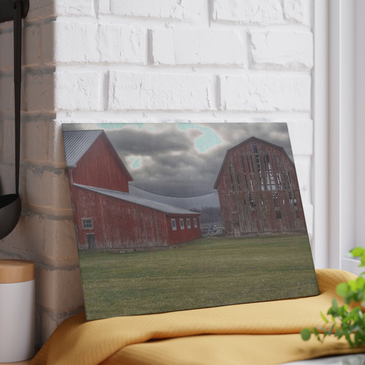 U R There Photography Church Road Reds Rustic Farmhouse Tempered-Glass Cutting Board