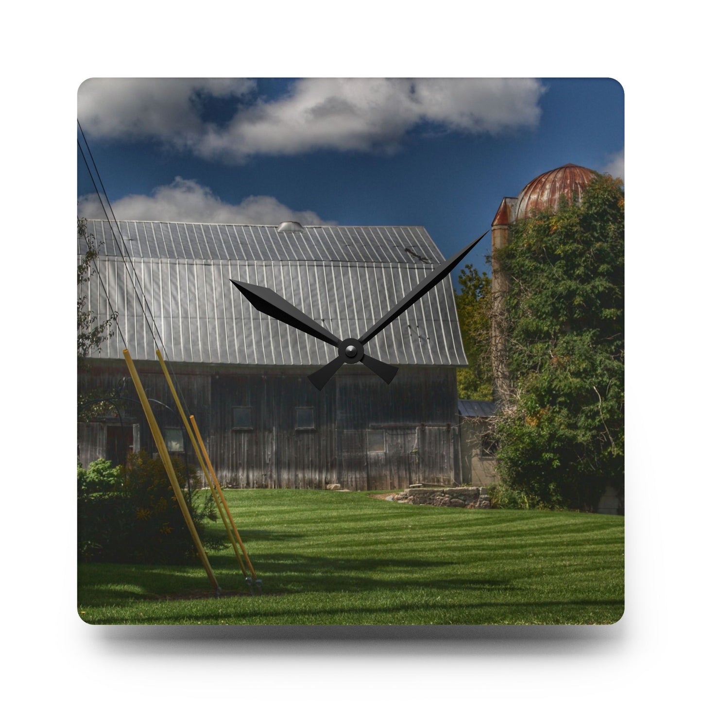U R There Photography Ludwig Road Summer Grey and Silo Rustic Farmhouse Acrylic Analog Wall Clock