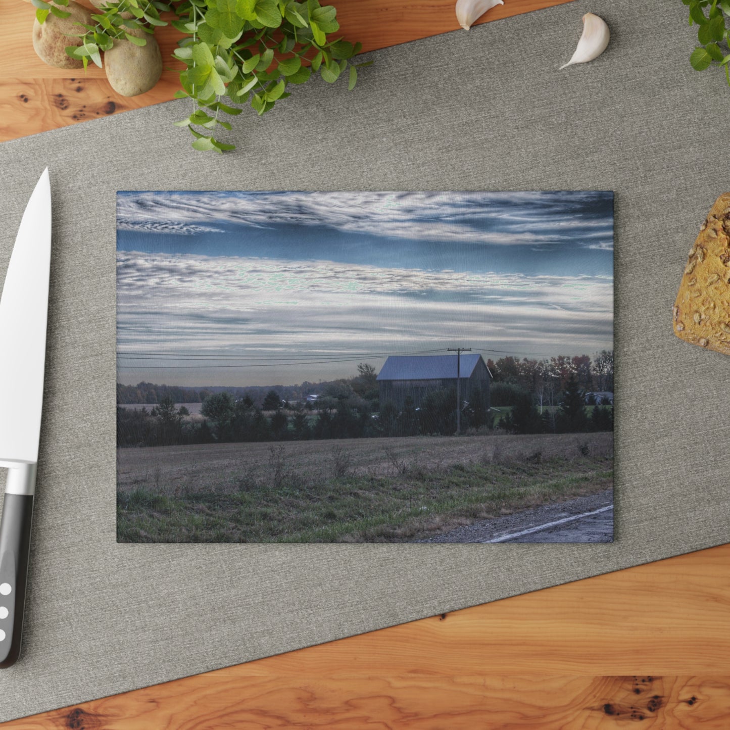 U R There Photography Burnside Road Grey Blues Rustic Farmhouse Tempered-Glass Cutting Board 8"x 11"
