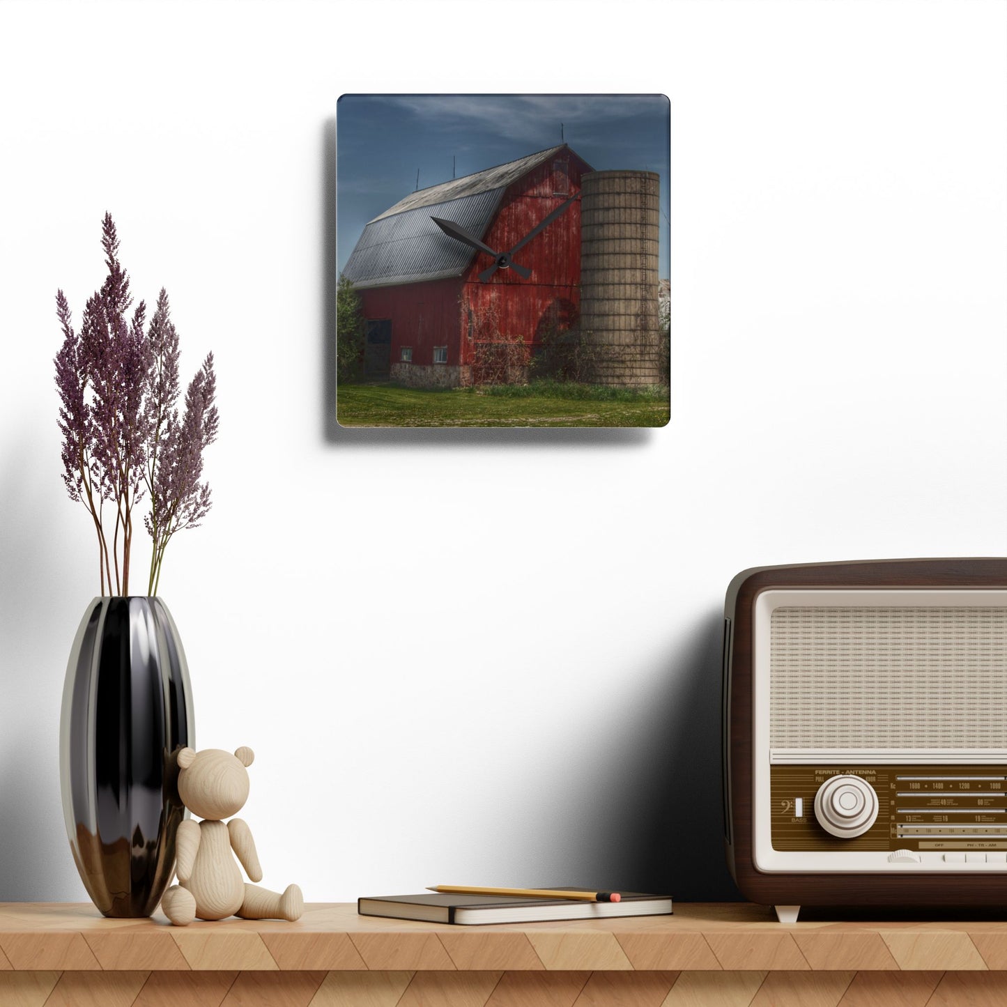 U R There Photography McDowell Road Red Rustic Farmhouse Acrylic Analog Wall Clock