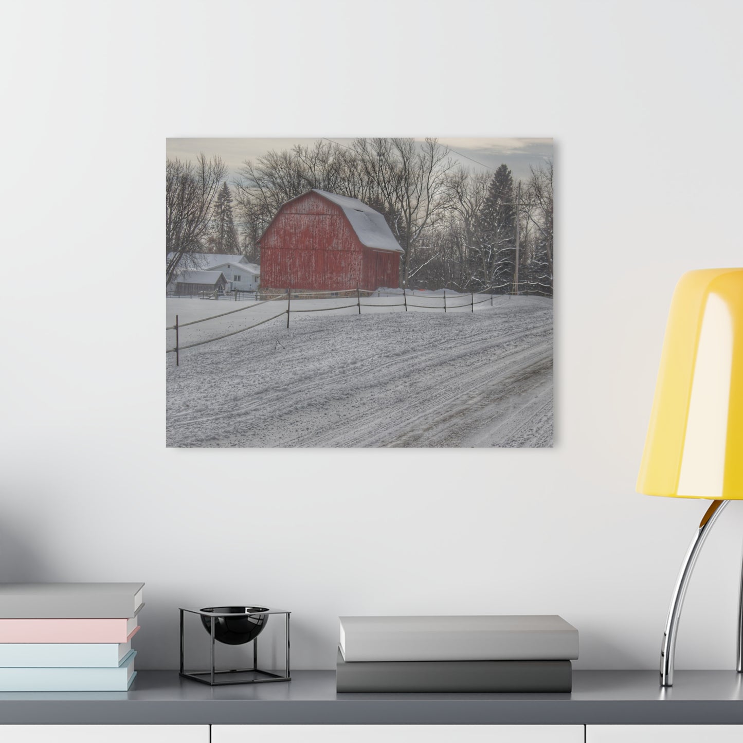 U R There Photography Phillips Road Winter Red Rustic Farmhouse Acrylic Wall Print 14 "x 11"
