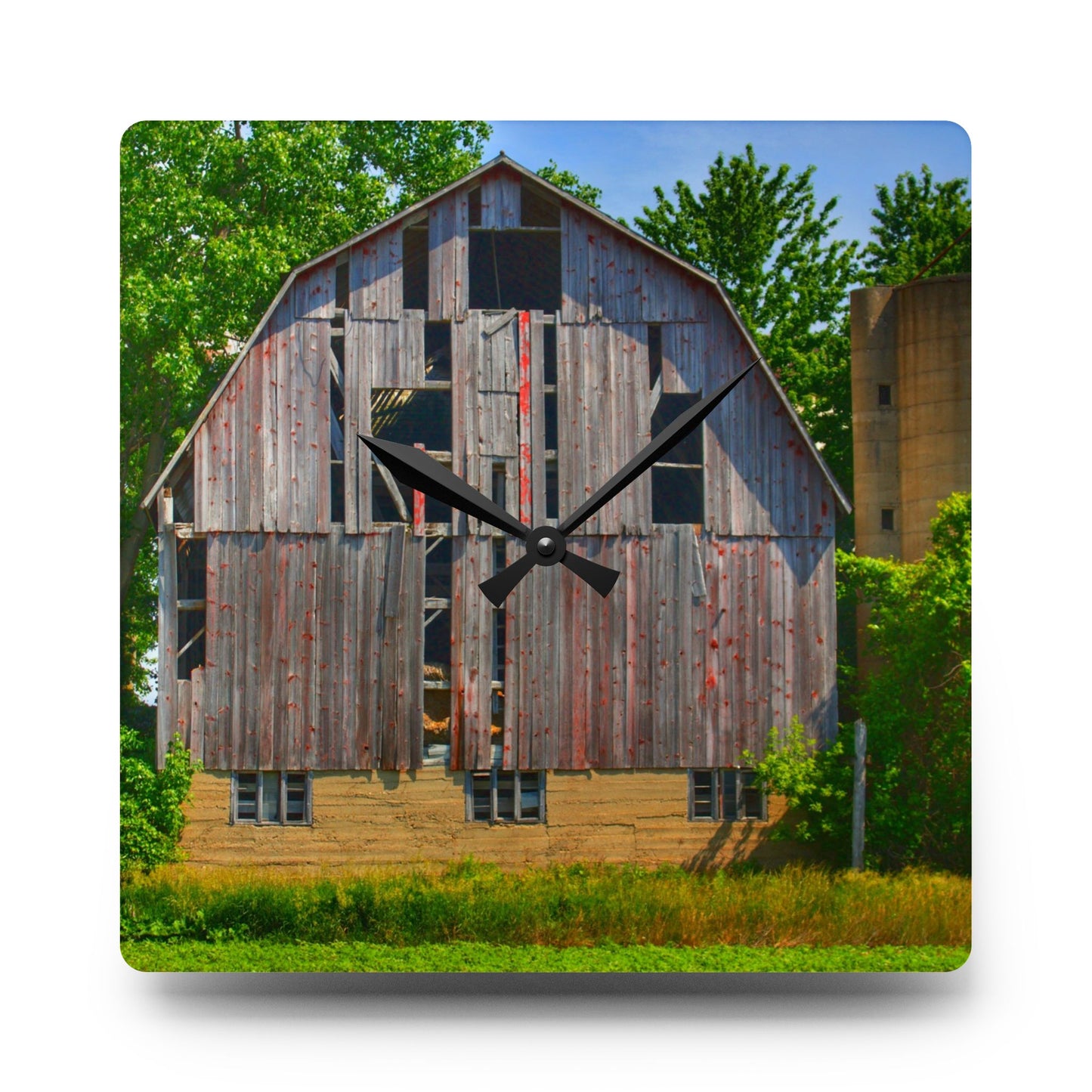U R There Photography Mushroom Road Red and Silo Rustic Farmhouse Acrylic Analog Wall Clock