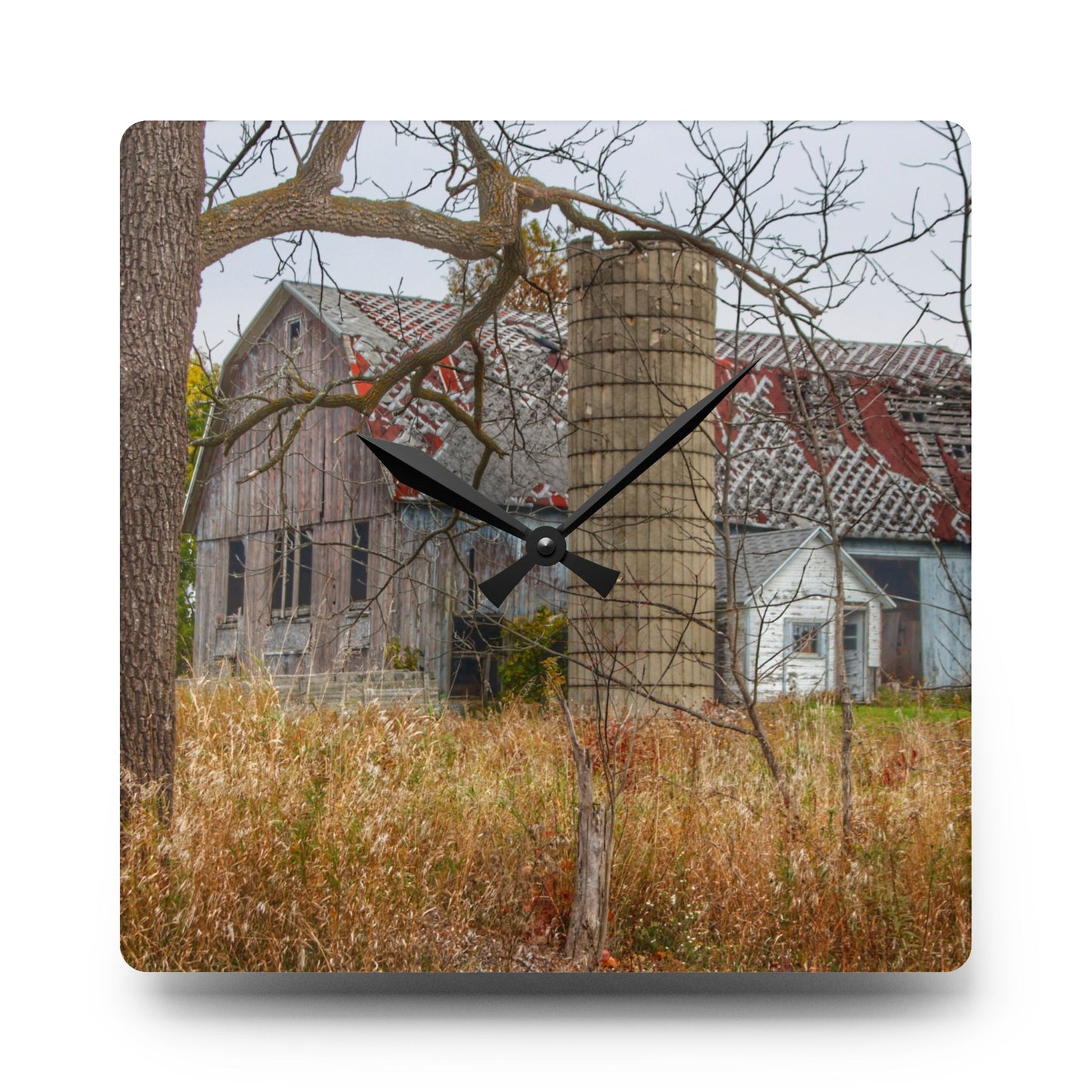 U R There Photography Hill Road Roadside Grey I Rustic Farmhouse Acrylic Analog Wall Clock