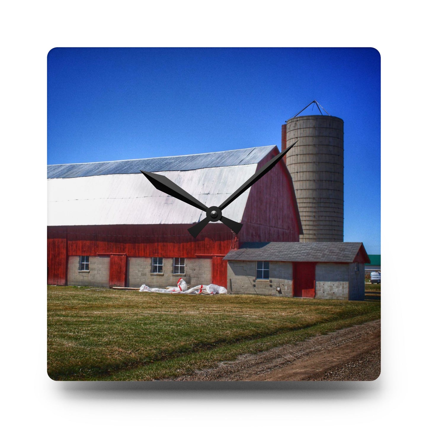 U R There Photography Burt Road Red and Silo Rustic Farmhouse Acrylic Analog Wall Clock