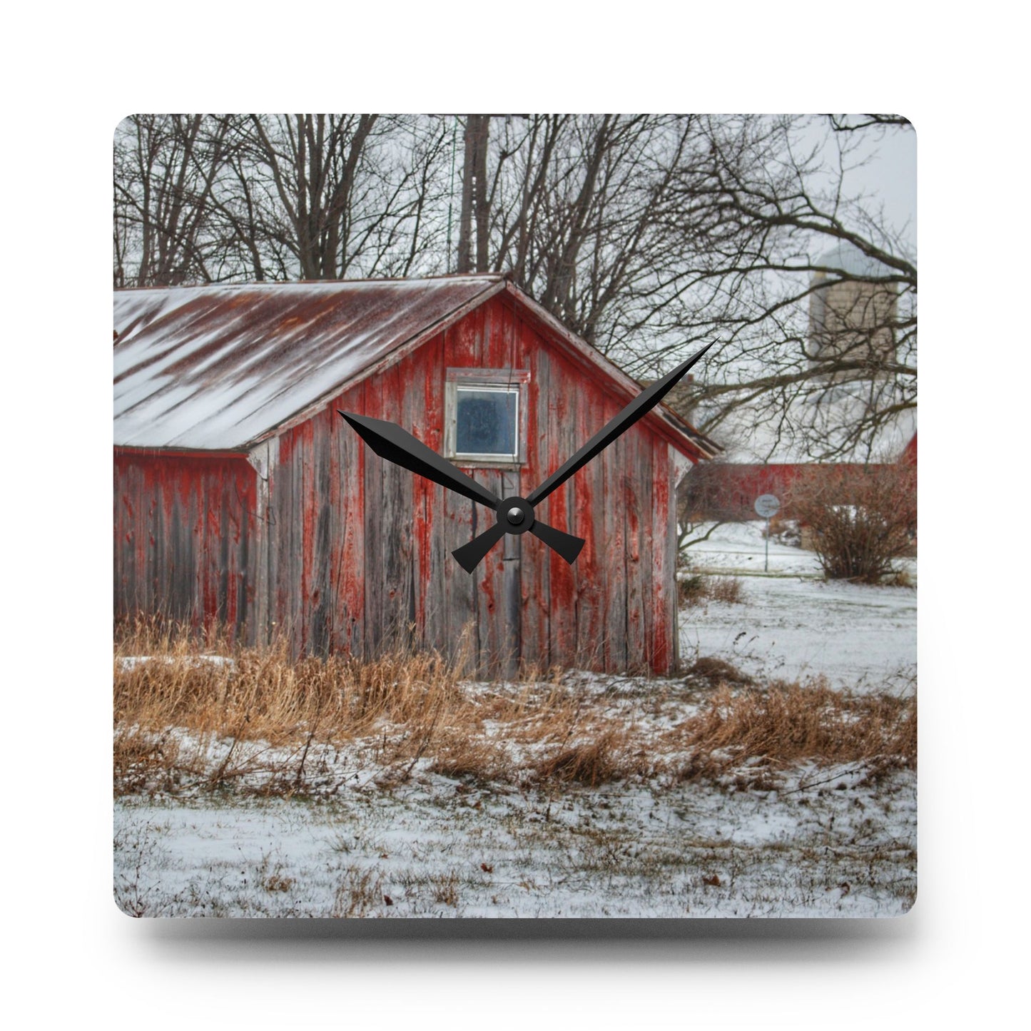 U R There Photography Frenchline Road Red Shack Rustic Farmhouse Acrylic Analog Wall Clock