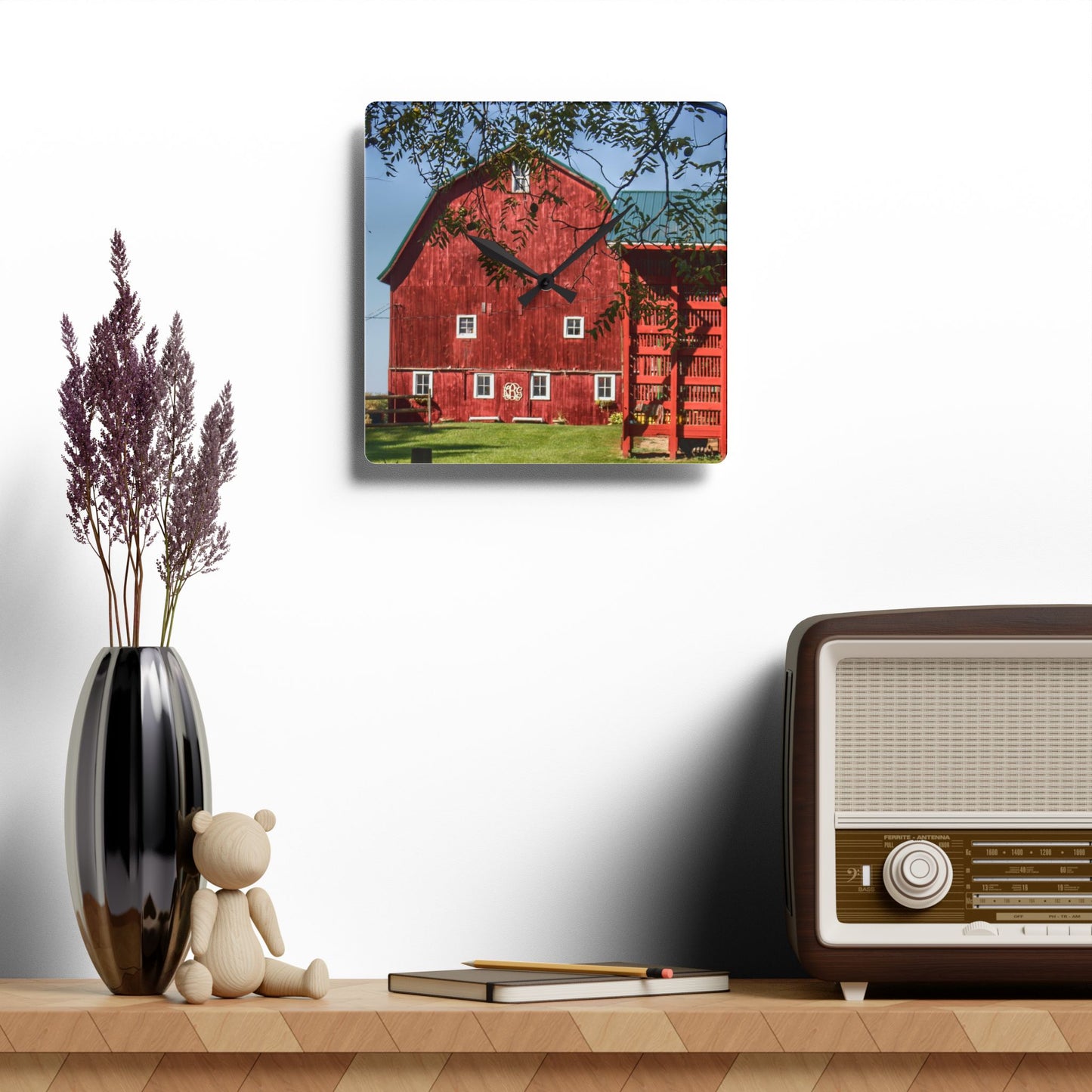 U R There Photography Gardner Road Red I Rustic Farmhouse Acrylic Analog Wall Clock