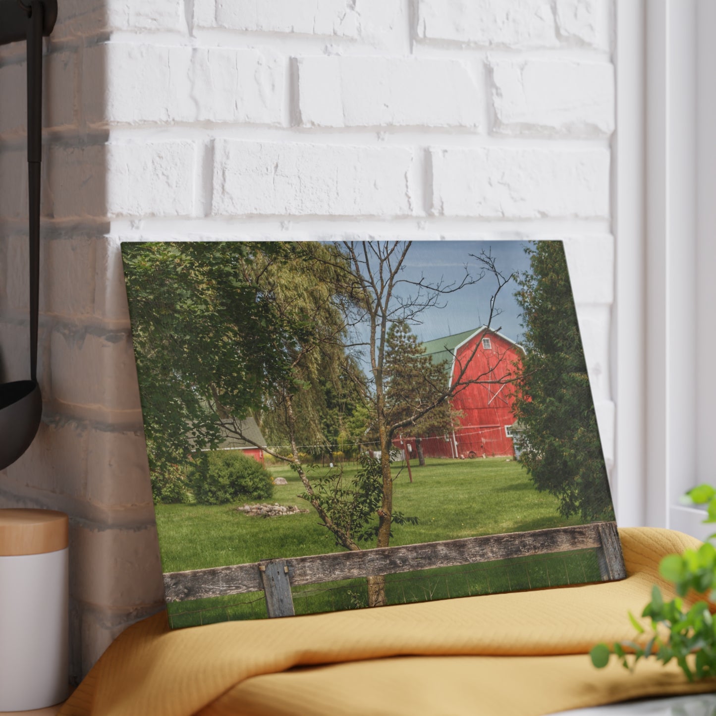 U R There Photography Roadside Red Beyond the Fence Rustic Farmhouse Tempered-Glass Cutting Board