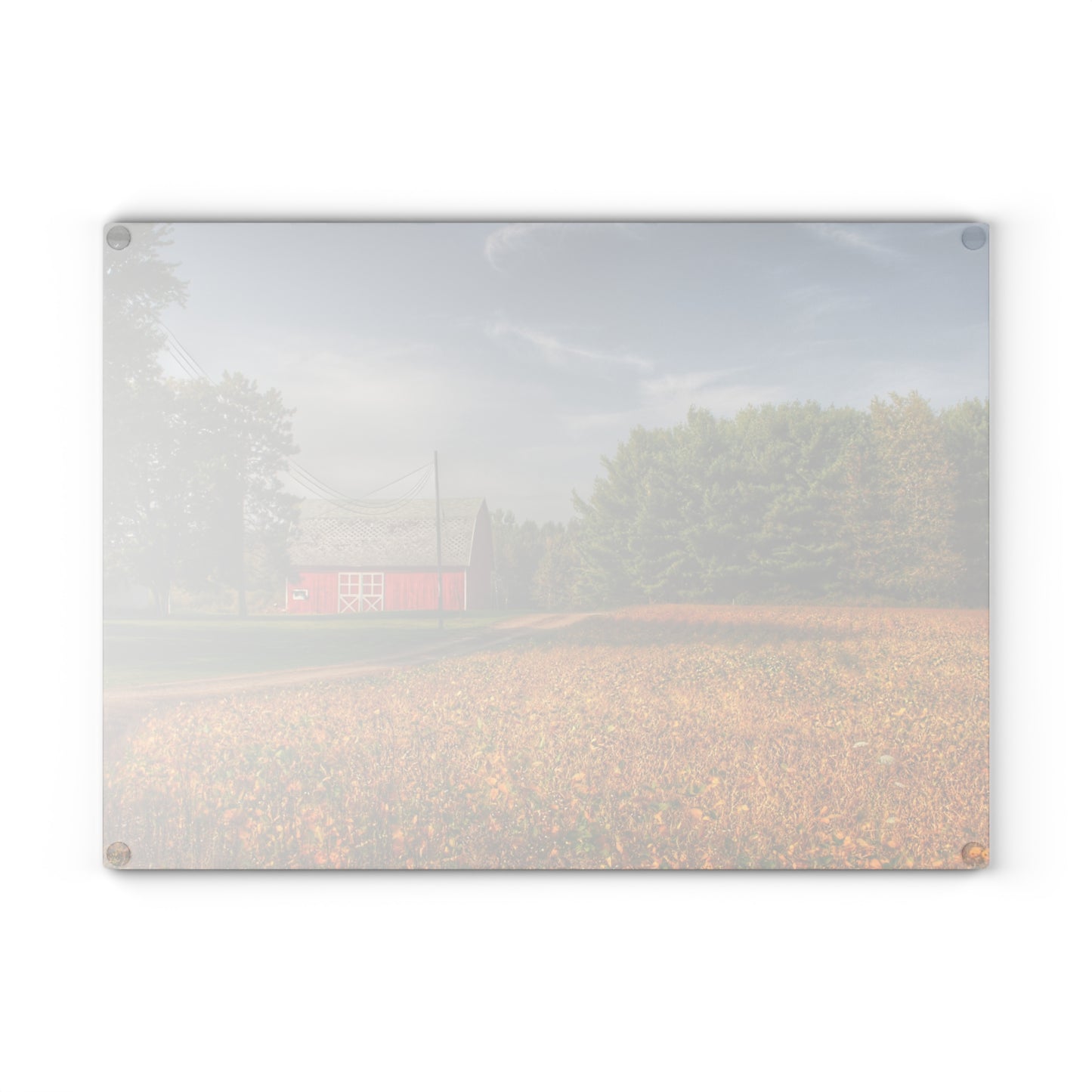 U R There Photography Red Barn on Golden Field Rustic Farmhouse Tempered-Glass Cutting Board
