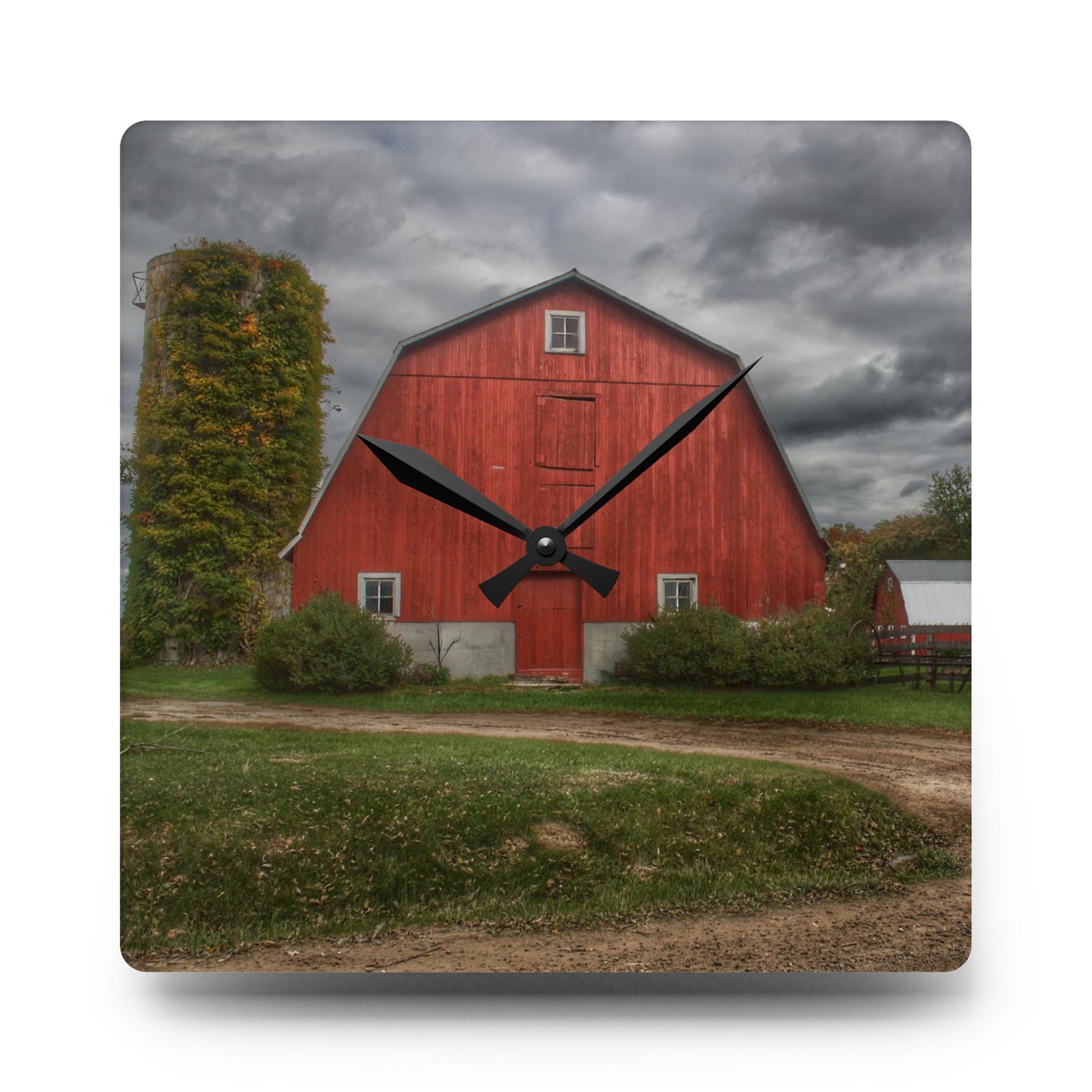 U R There Photography Horton Road Red and Silo Rustic Farmhouse Acrylic Analog Wall Clock