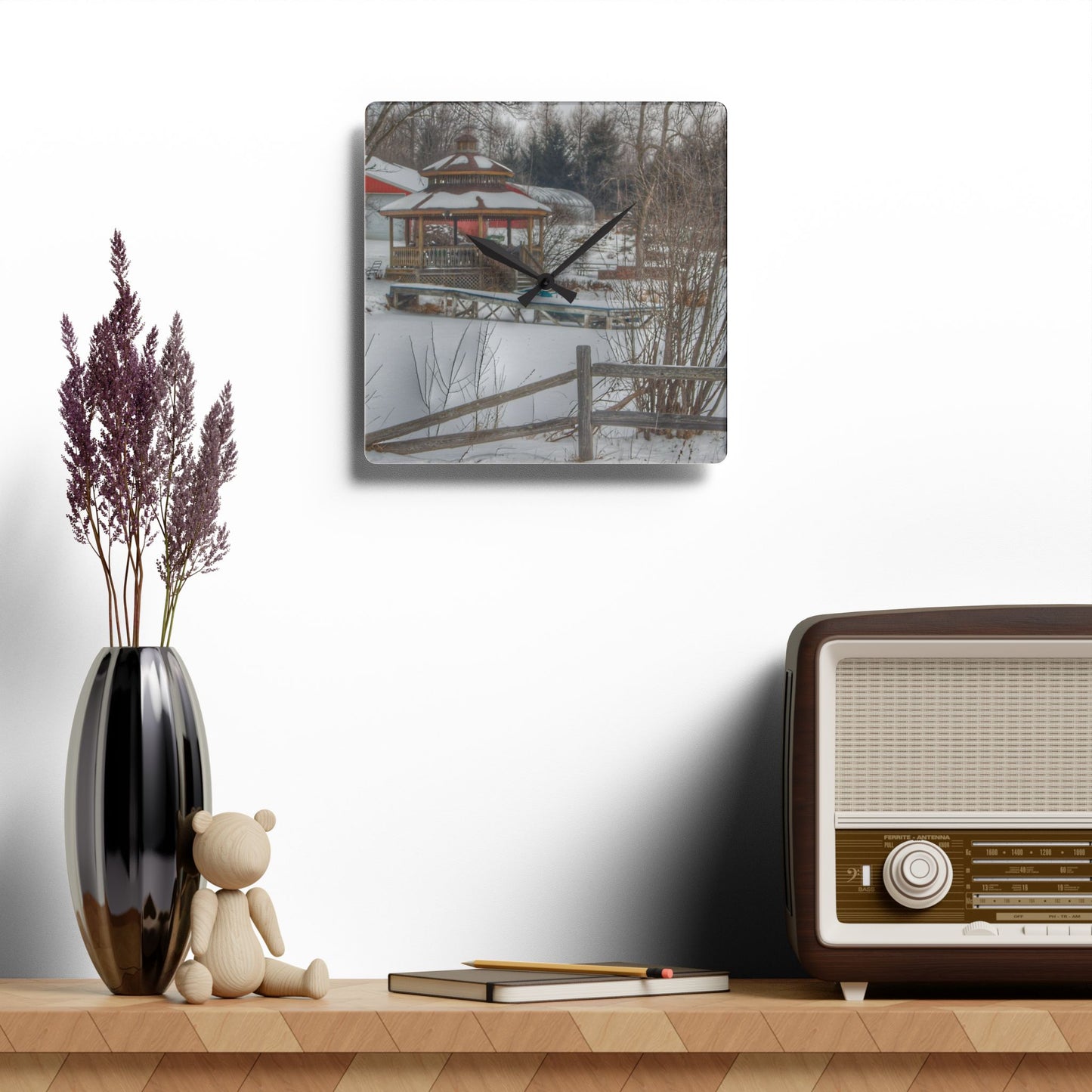U R There Photography Columbiaville Gazebo in Winter Rustic Farmhouse Acrylic Analog Wall Clock