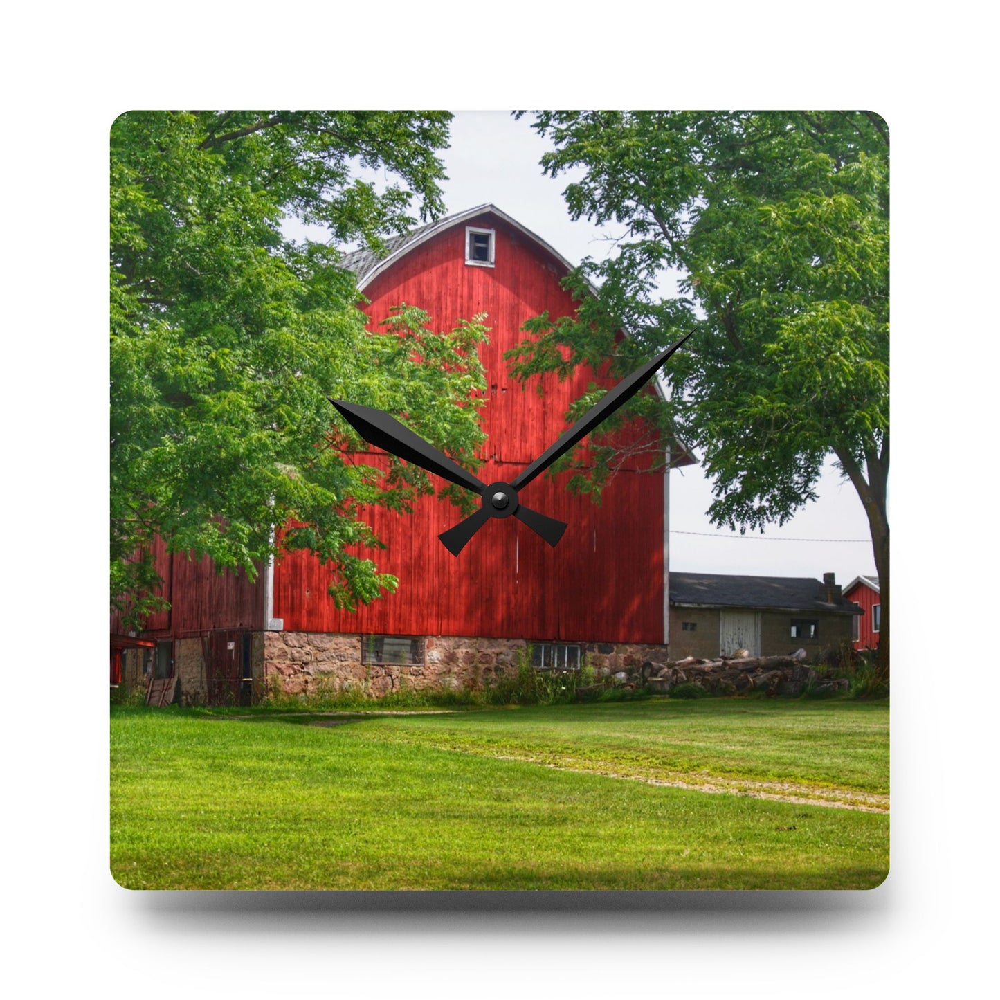 U R There Photography Summer Fieldstone Red Rustic Farmhouse Acrylic Analog Wall Clock