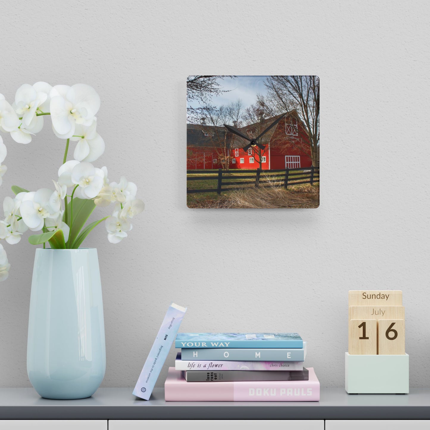 U R There Photography Thornville Road Red Rustic Farmhouse Acrylic Analog Wall Clock