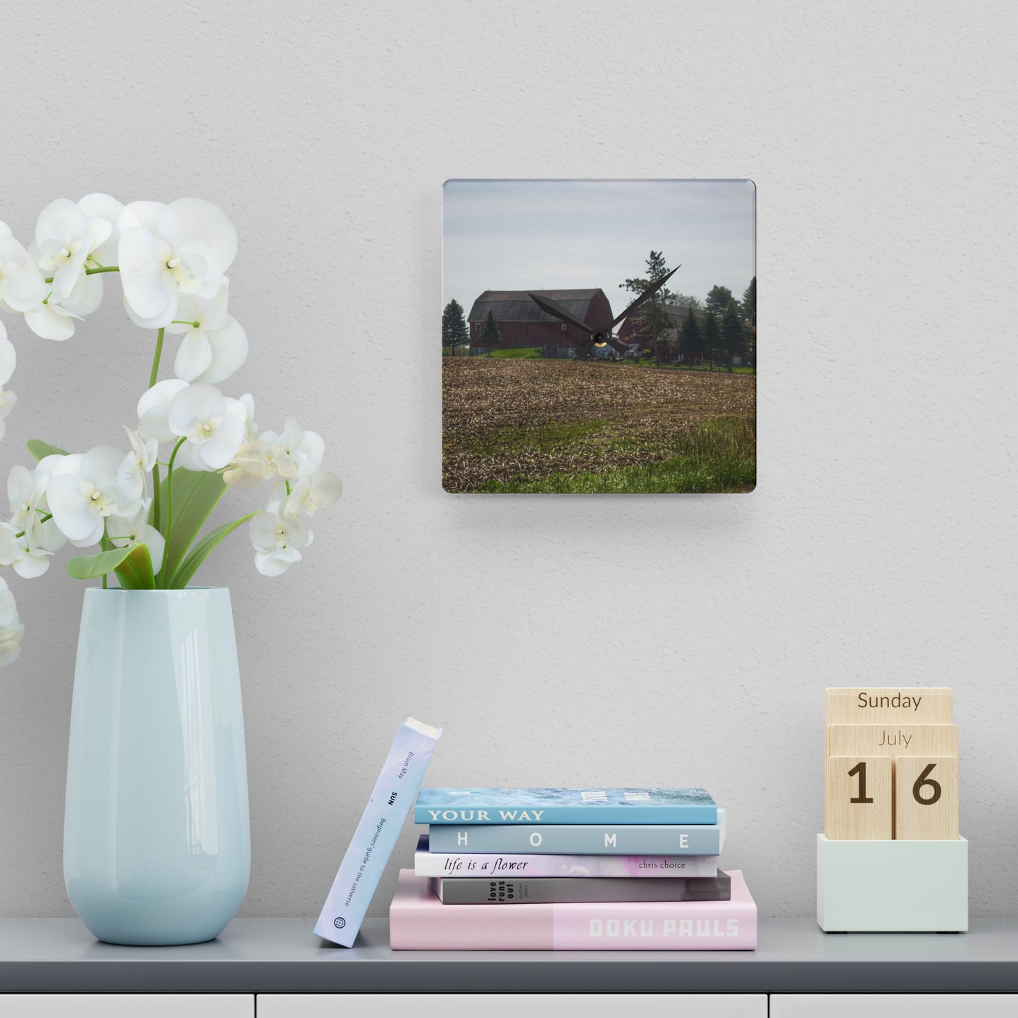 U R There Photography Bishop Road Reds IV Rustic Farmhouse Acrylic Analog Wall Clock