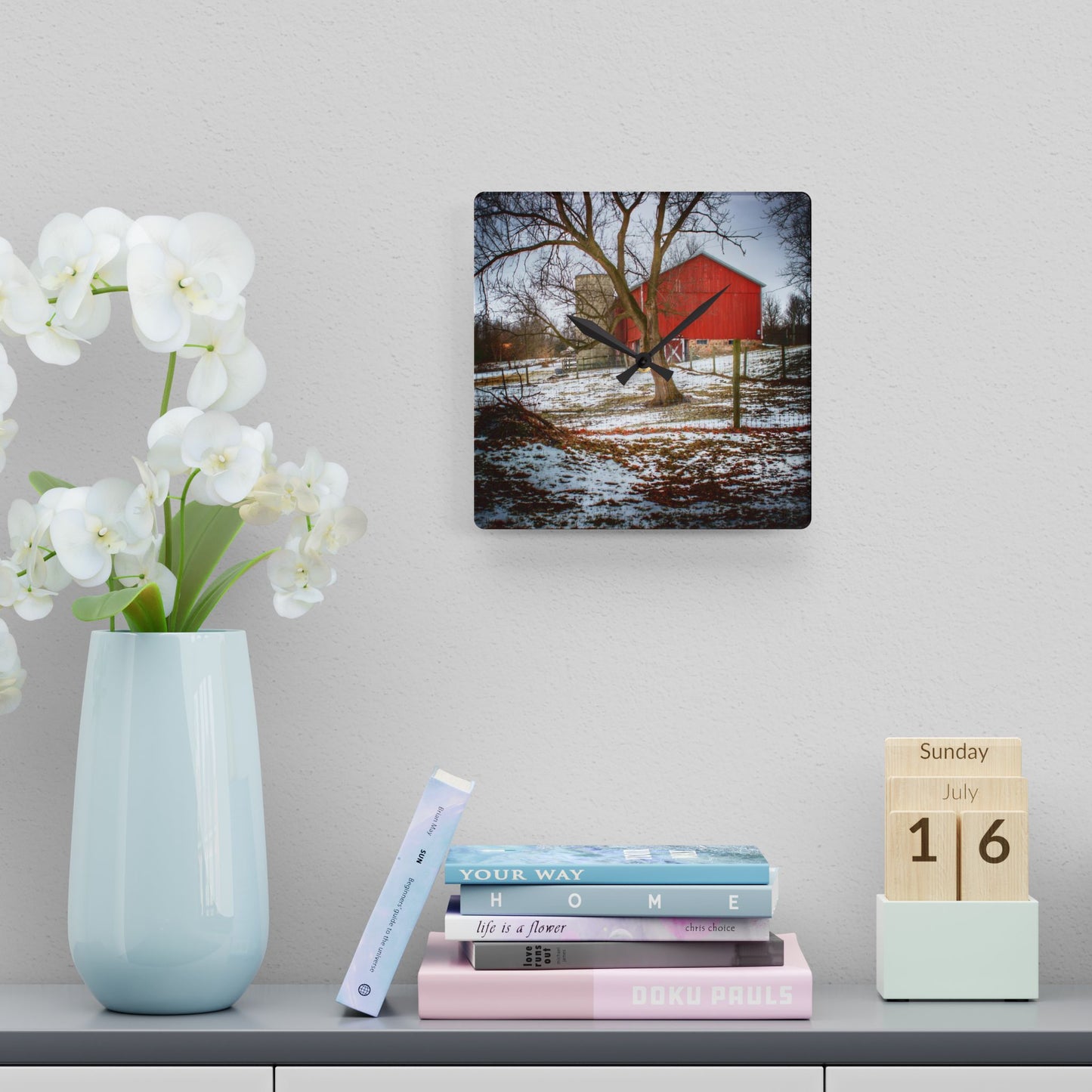 U R There Photography LeValley Road Red and Silo Rustic Farmhouse Acrylic Analog Wall Clock