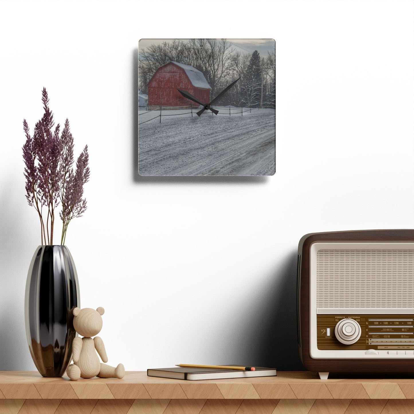 U R There Photography Phillips Road Winter Red Rustic Farmhouse Acrylic Analog Wall Clock