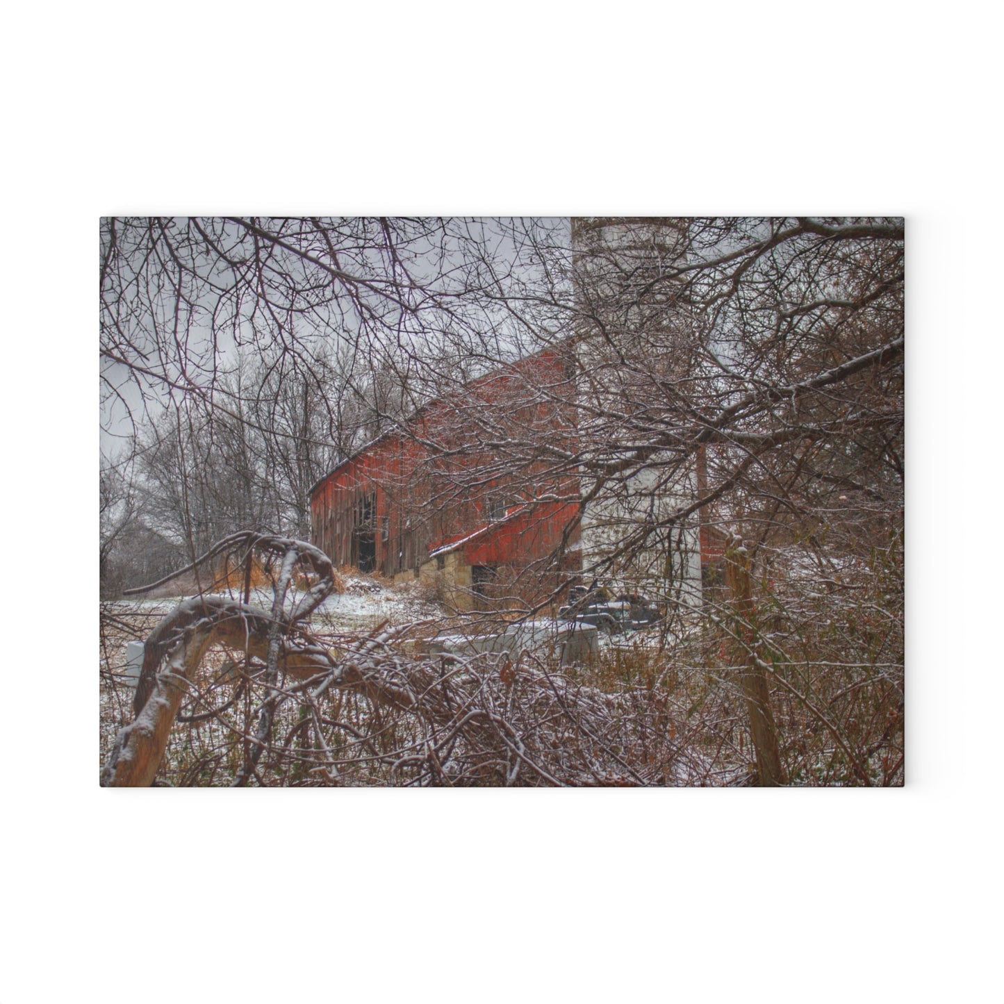 U R There Photography Sandhill Road Hidden Red I Rustic Farmhouse Tempered-Glass Cutting Board