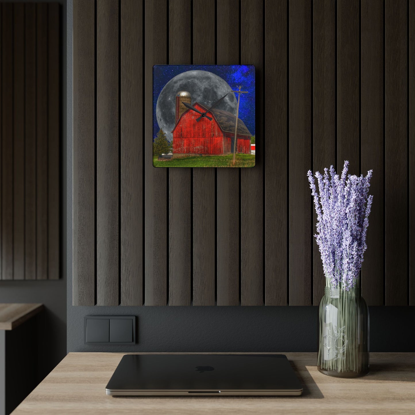 Rustic Farmhouse Wall Clock featuring Moon Over Hollenbeck