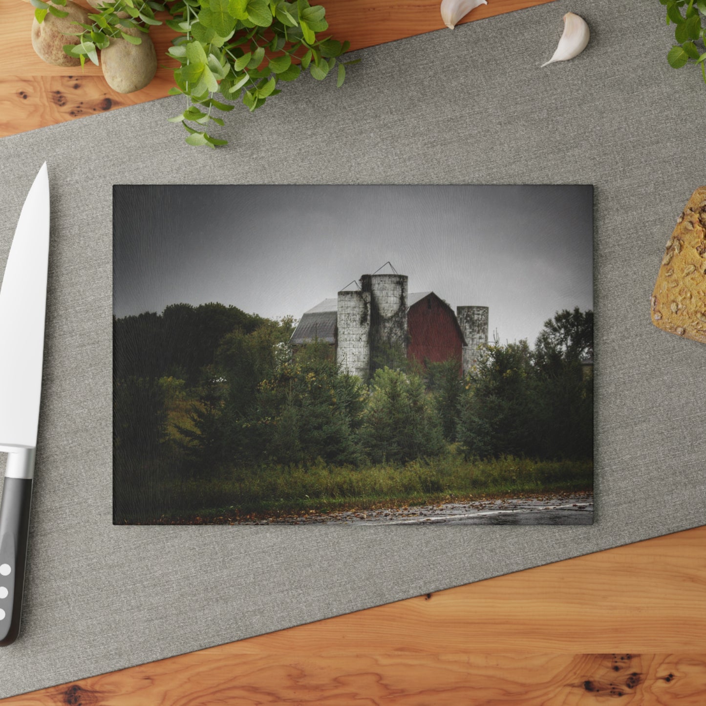 U R There Photography Castle Road Red and Silos in the Rain Rustic Farmhouse Tempered-Glass Cutting Board