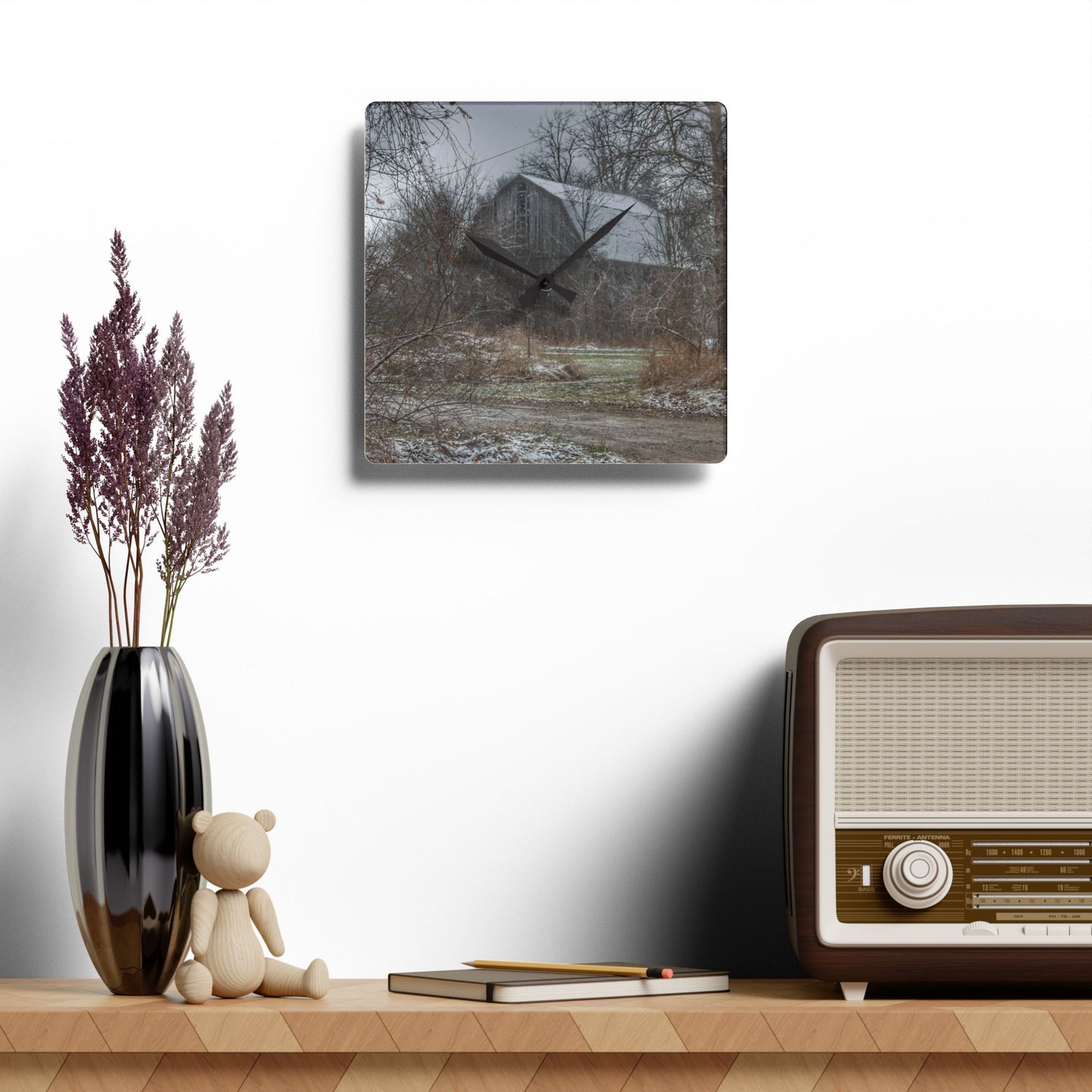 U R There Photography Bishop Road Winter Grey Rustic Farmhouse Acrylic Analog Wall Clock