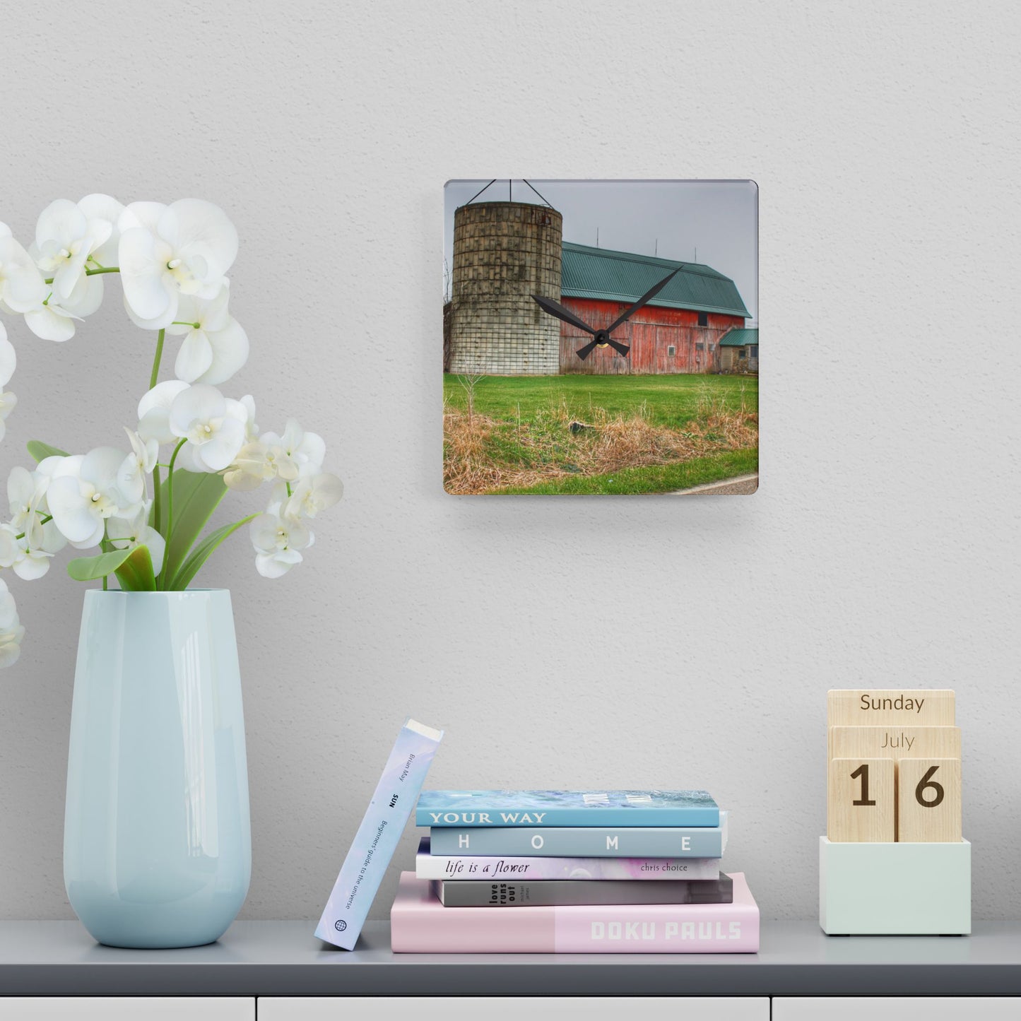 U R There Photography Plumb Creek Road Red I Rustic Farmhouse Acrylic Analog Wall Clock