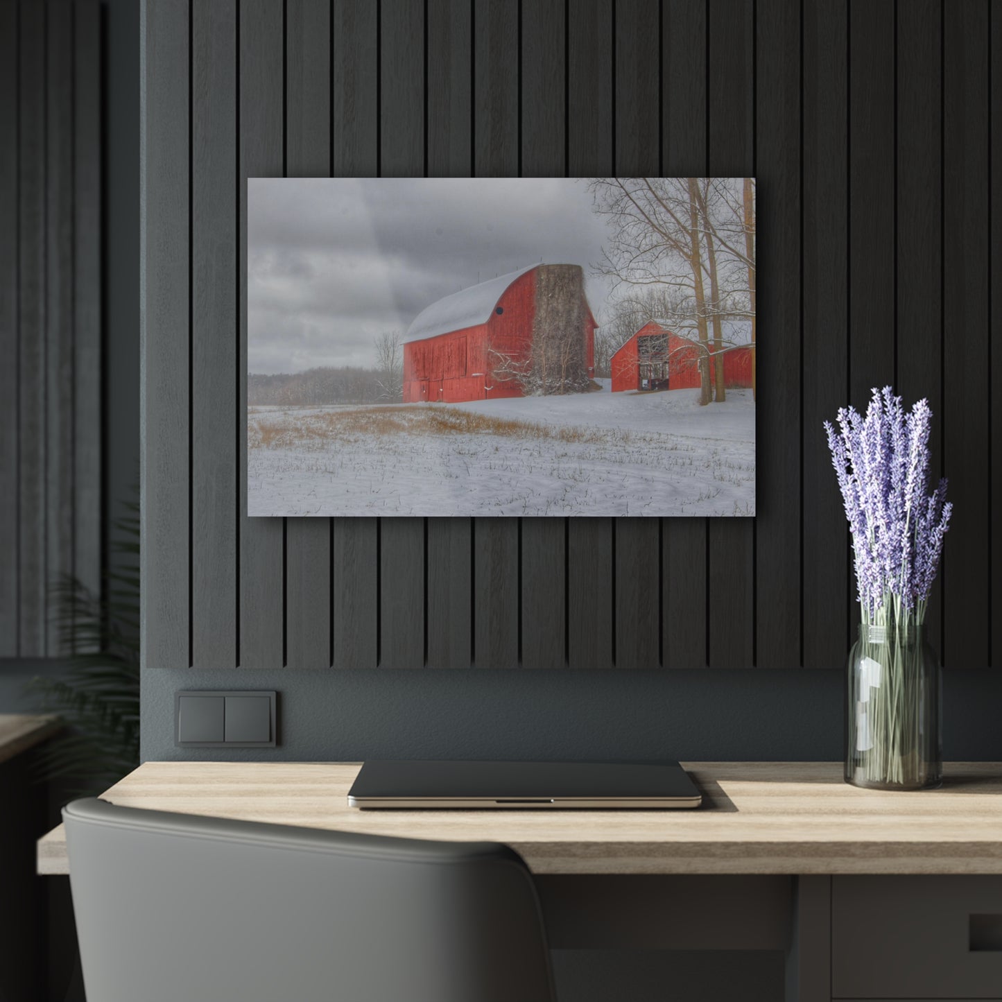 U R There Photography Catlin Reds in Winter II Rustic Farmhouse Acrylic Wall Print