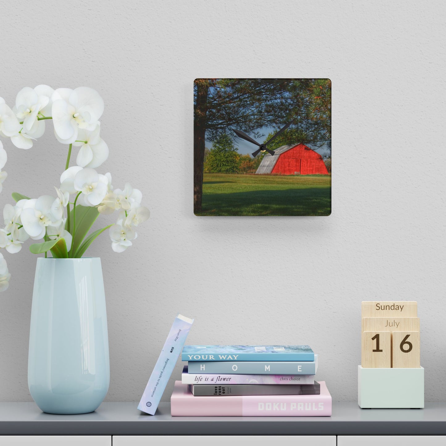 Rustic Farmhouse Wall Clock featuring Peppermill Road Hidden Red