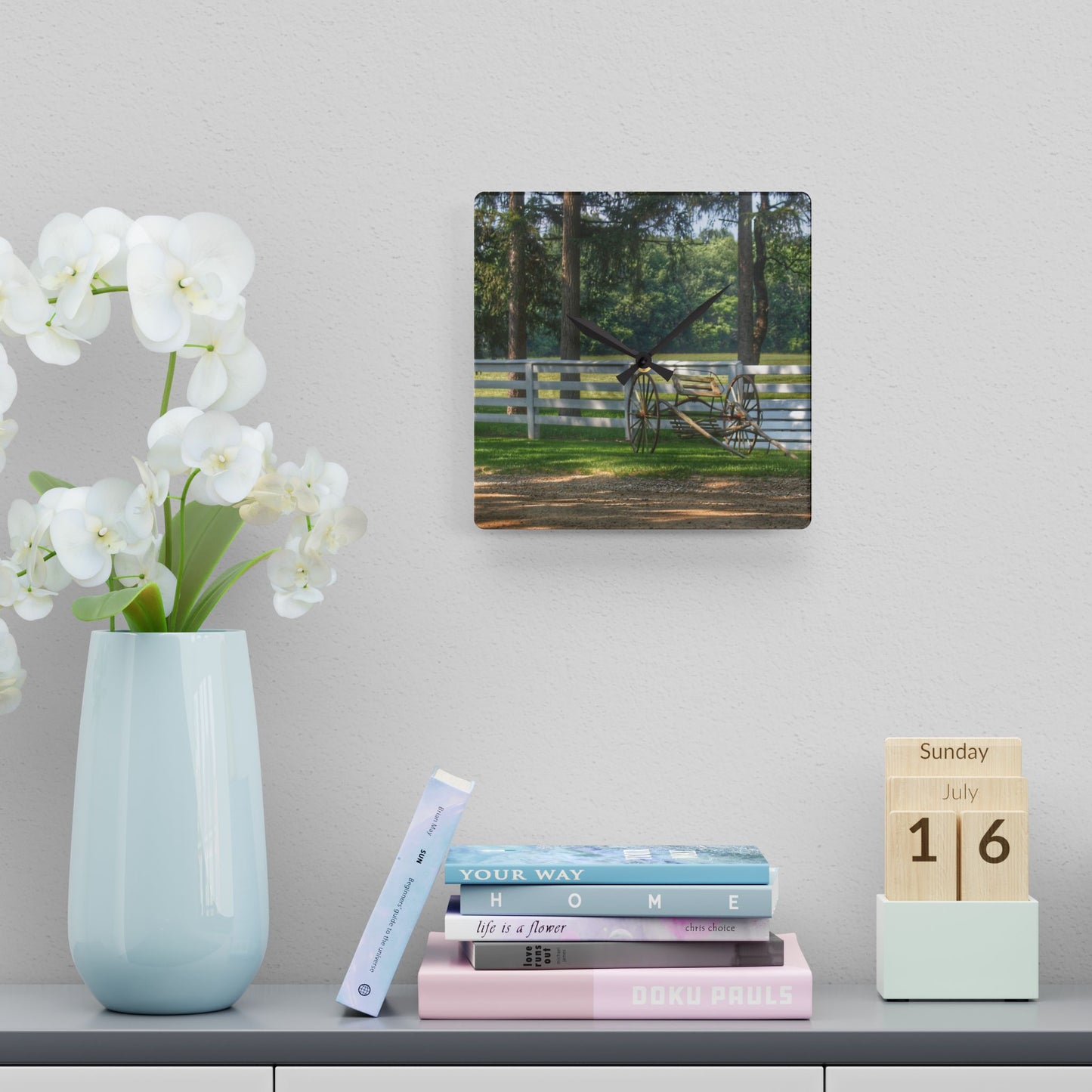 U R There Photography Thornville Buggy and Fence Rustic Farmhouse Acrylic Analog Wall Clock