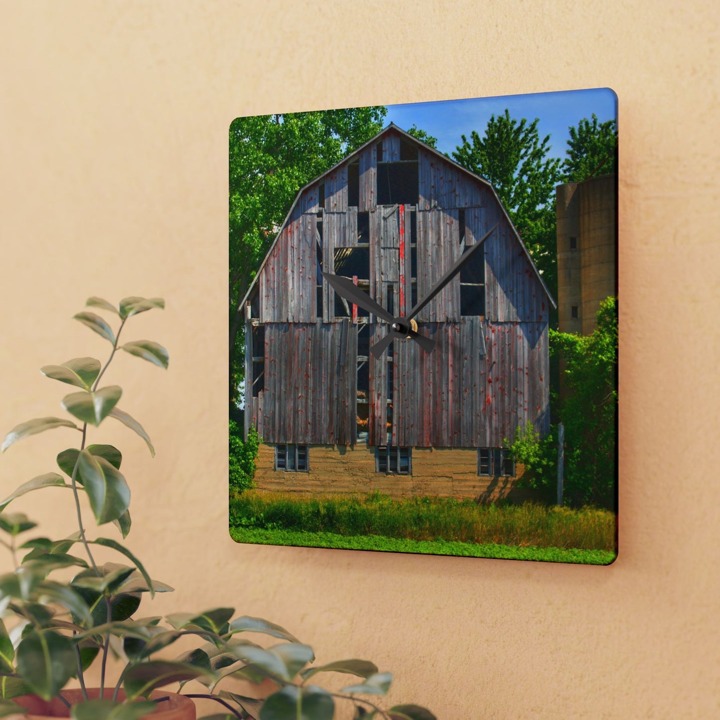 U R There Photography Mushroom Road Red and Silo Rustic Farmhouse Acrylic Analog Wall Clock