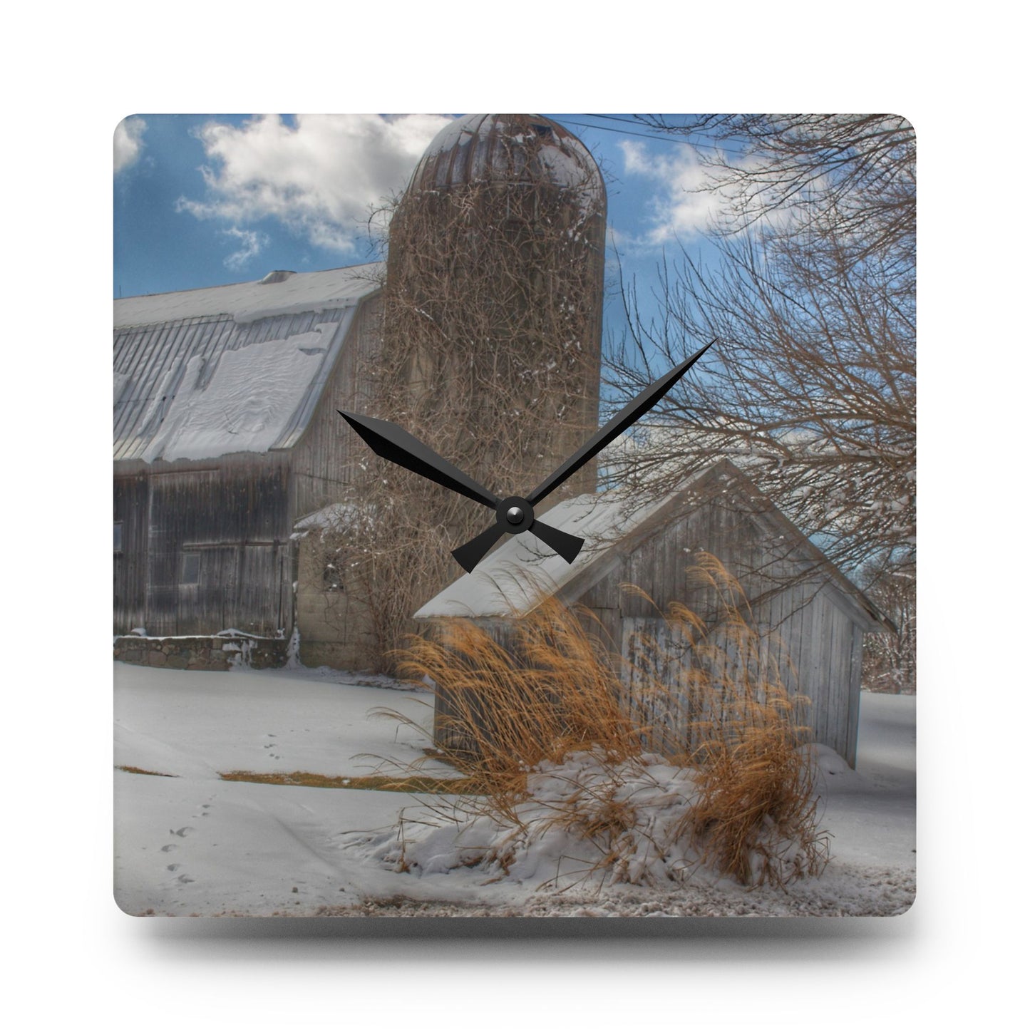 U R There Photography Ludwig Road Greys in Winter Rustic Farmhouse Acrylic Analog Wall Clock