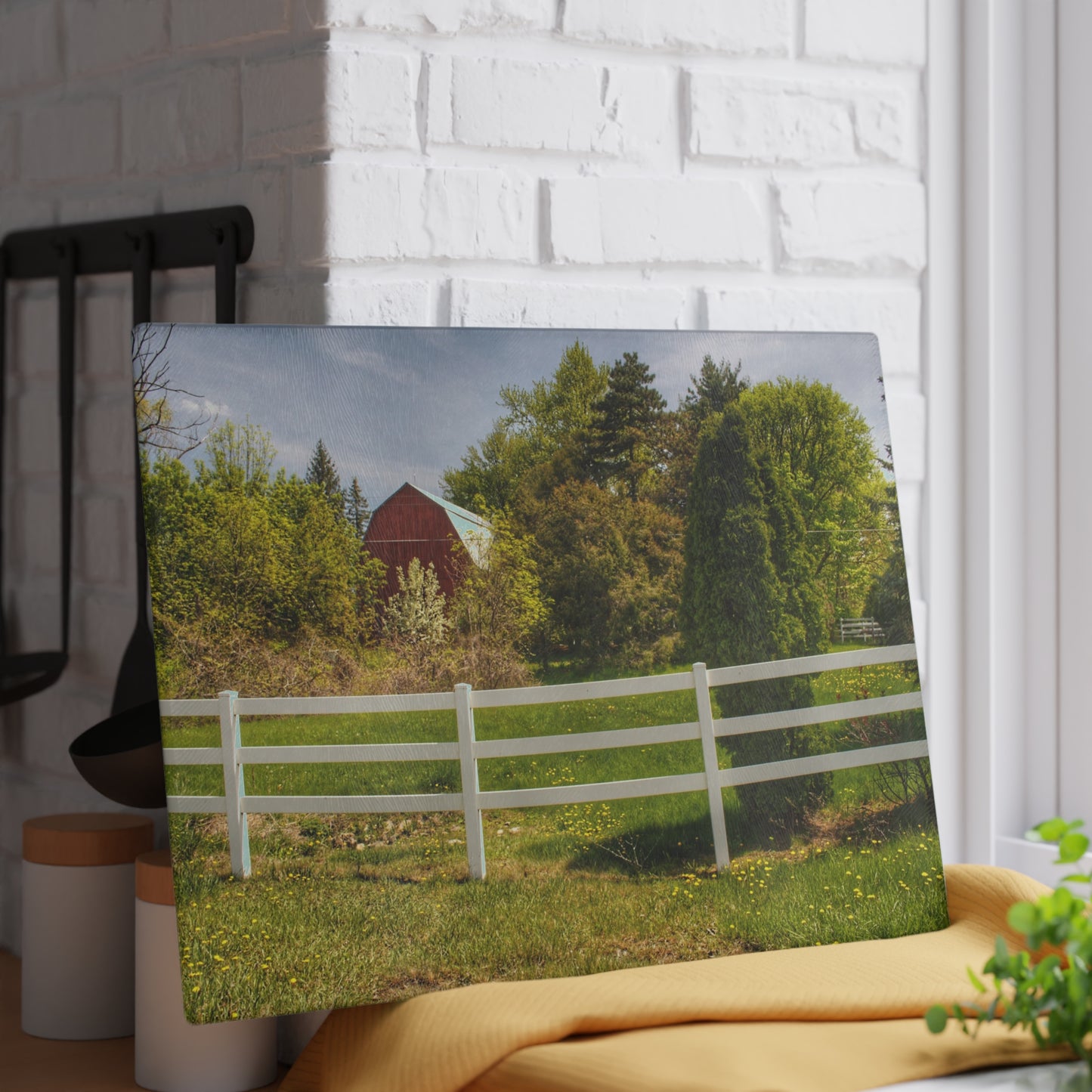 U R There Photography Sutton Road Red Beyond the Fence Rustic Farmhouse Tempered-Glass Cutting Board