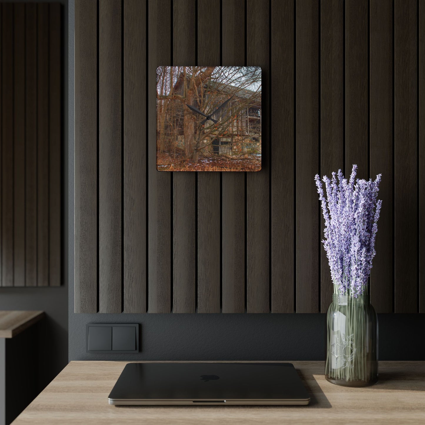 U R There Photography Norway Lake Hidden Grey II Rustic Farmhouse Acrylic Analog Wall Clock