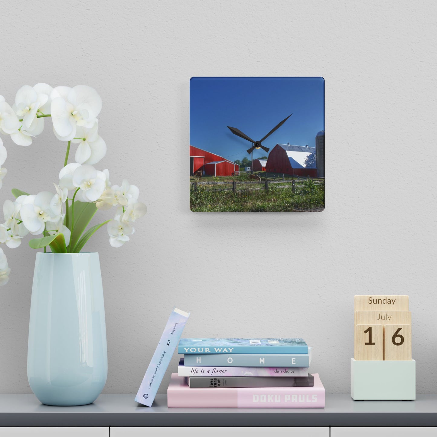 U R There Photography Mount Morris Road Farm and Horse Rustic Farmhouse Acrylic Analog Wall Clock