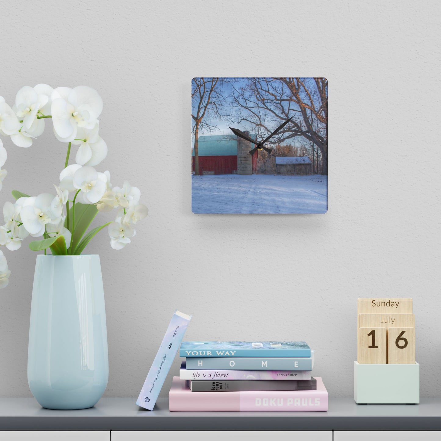 U R There Photography Webster Road Red I Rustic Farmhouse Acrylic Analog Wall Clock