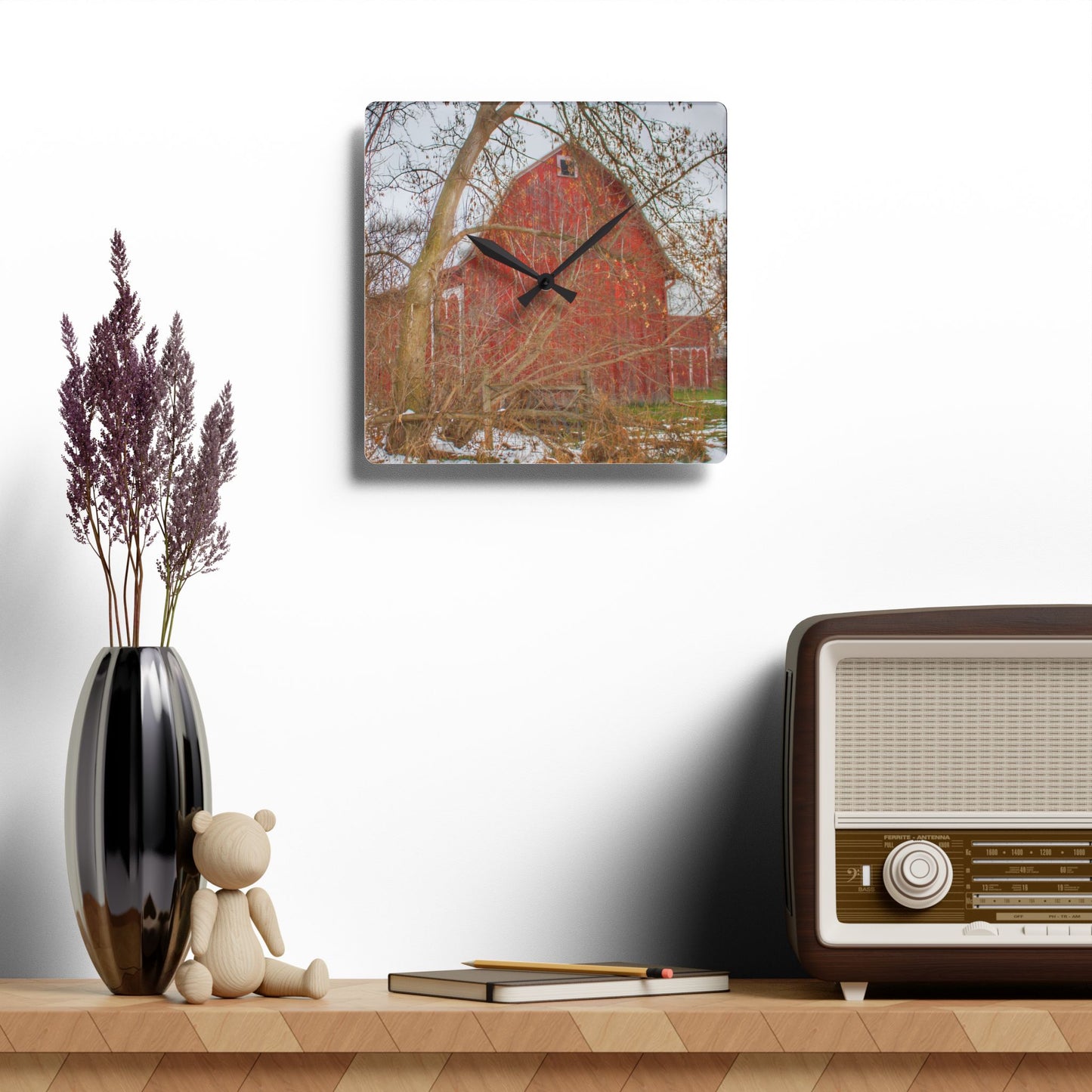 U R There Photography Holmes Road Red I Rustic Farmhouse Acrylic Analog Wall Clock