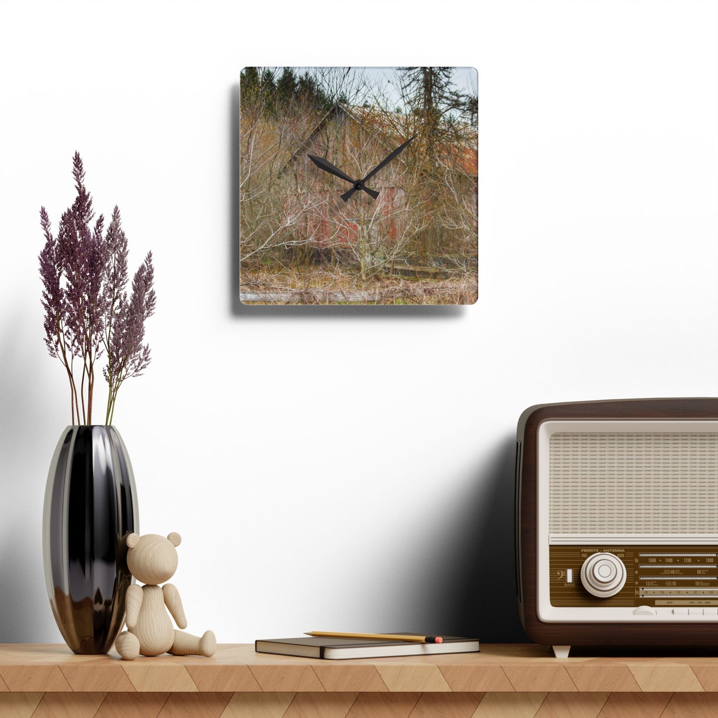 U R There Photography Klam Road Hidden Gable Red Rustic Farmhouse Acrylic Analog Wall Clock