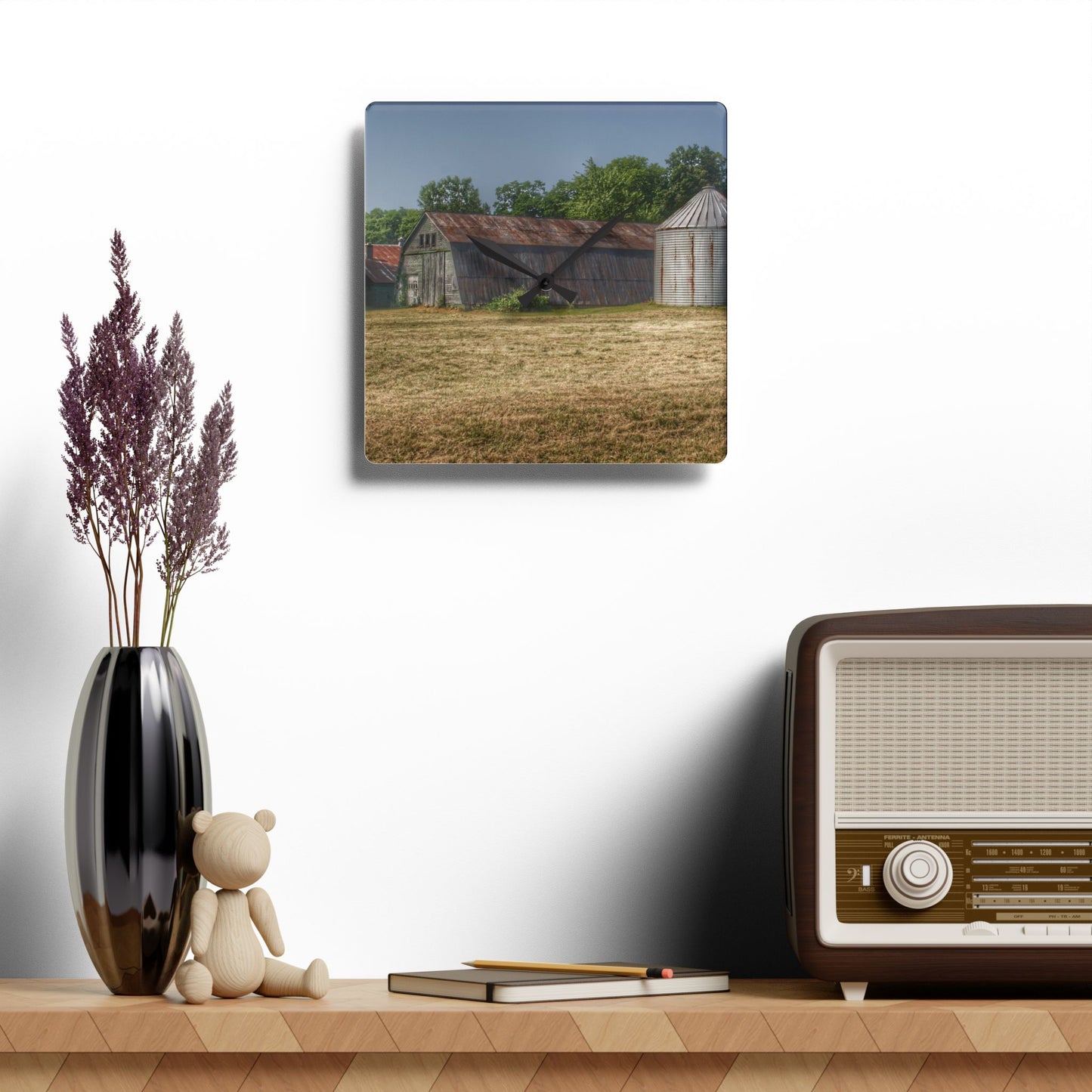 U R There Photography Hough Road Green Quonset I Rustic Farmhouse Acrylic Analog Wall Clock